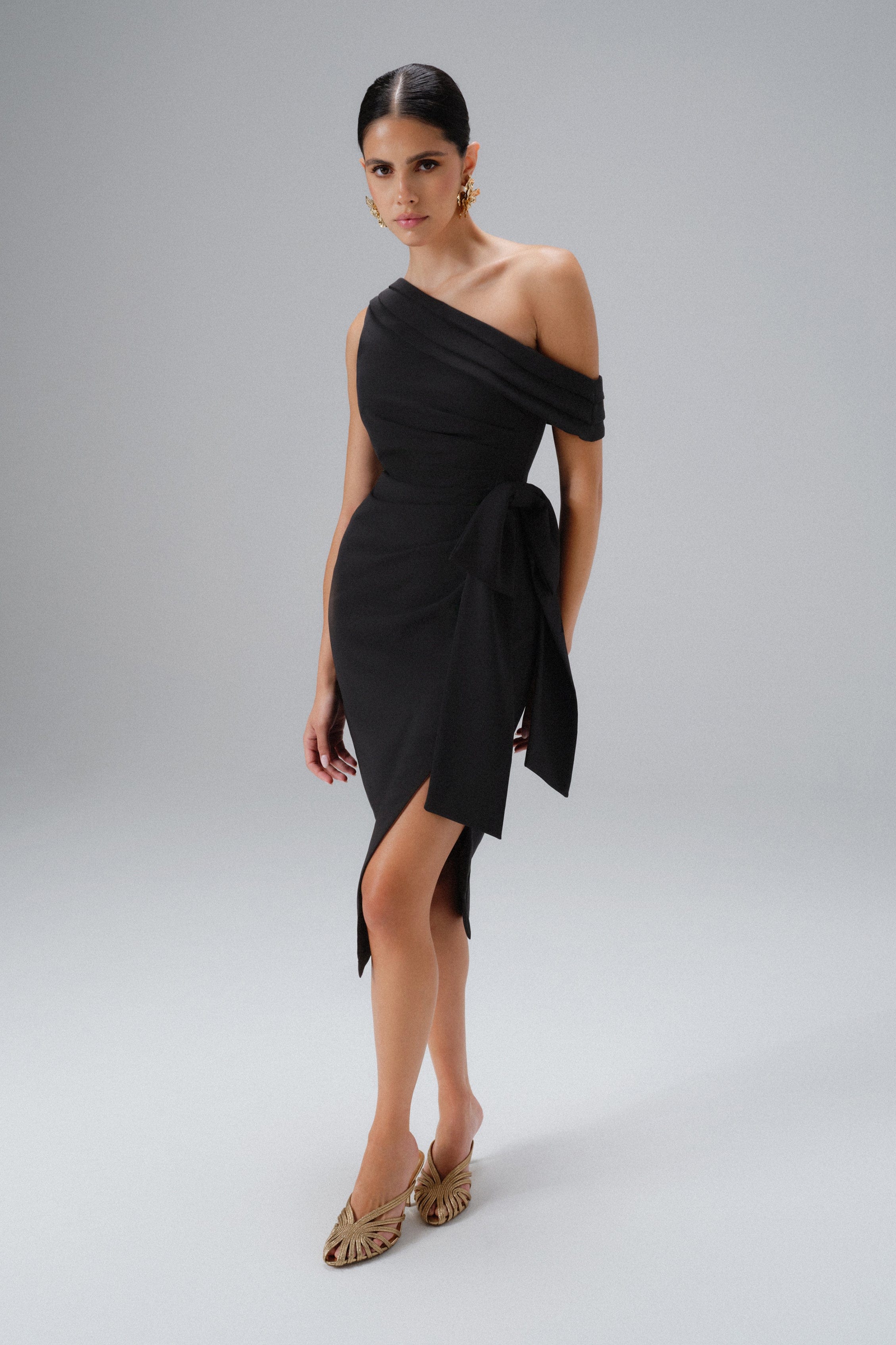PRE-ORDER HONEY One Shoulder Pleated Bow Midi Dress in Black