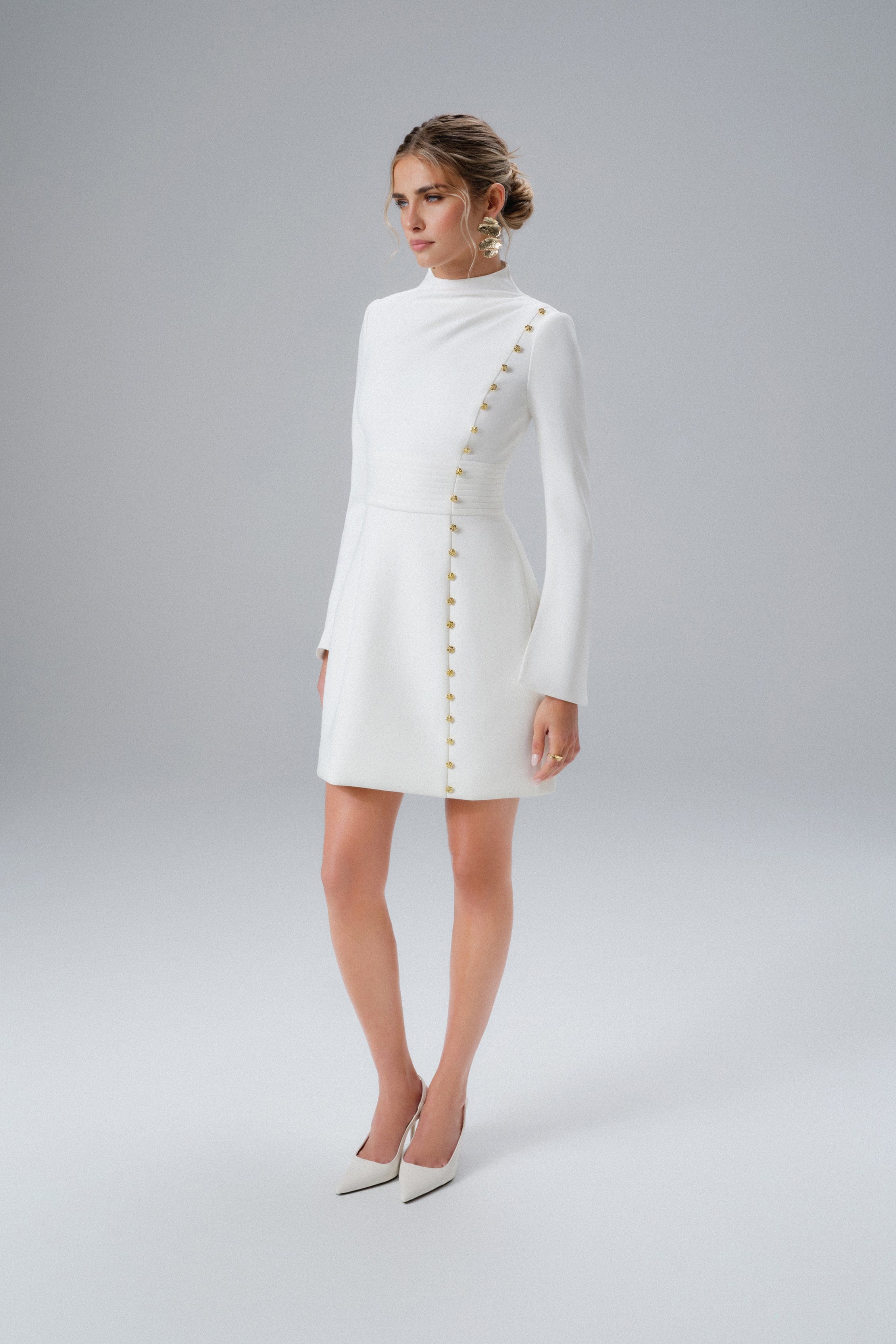 PRE-ORDER GEMMA High Neck Rose Button Long Sleeve Mini Dress in White