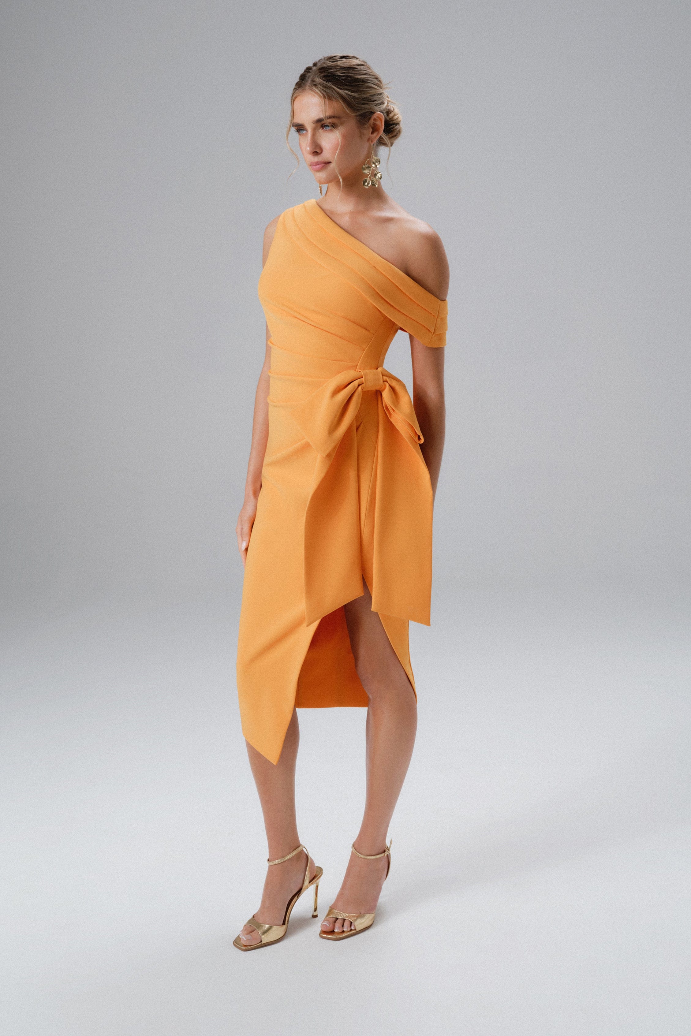 PRE-ORDER HONEY One Shoulder Pleated Bow Midi Dress in Orange