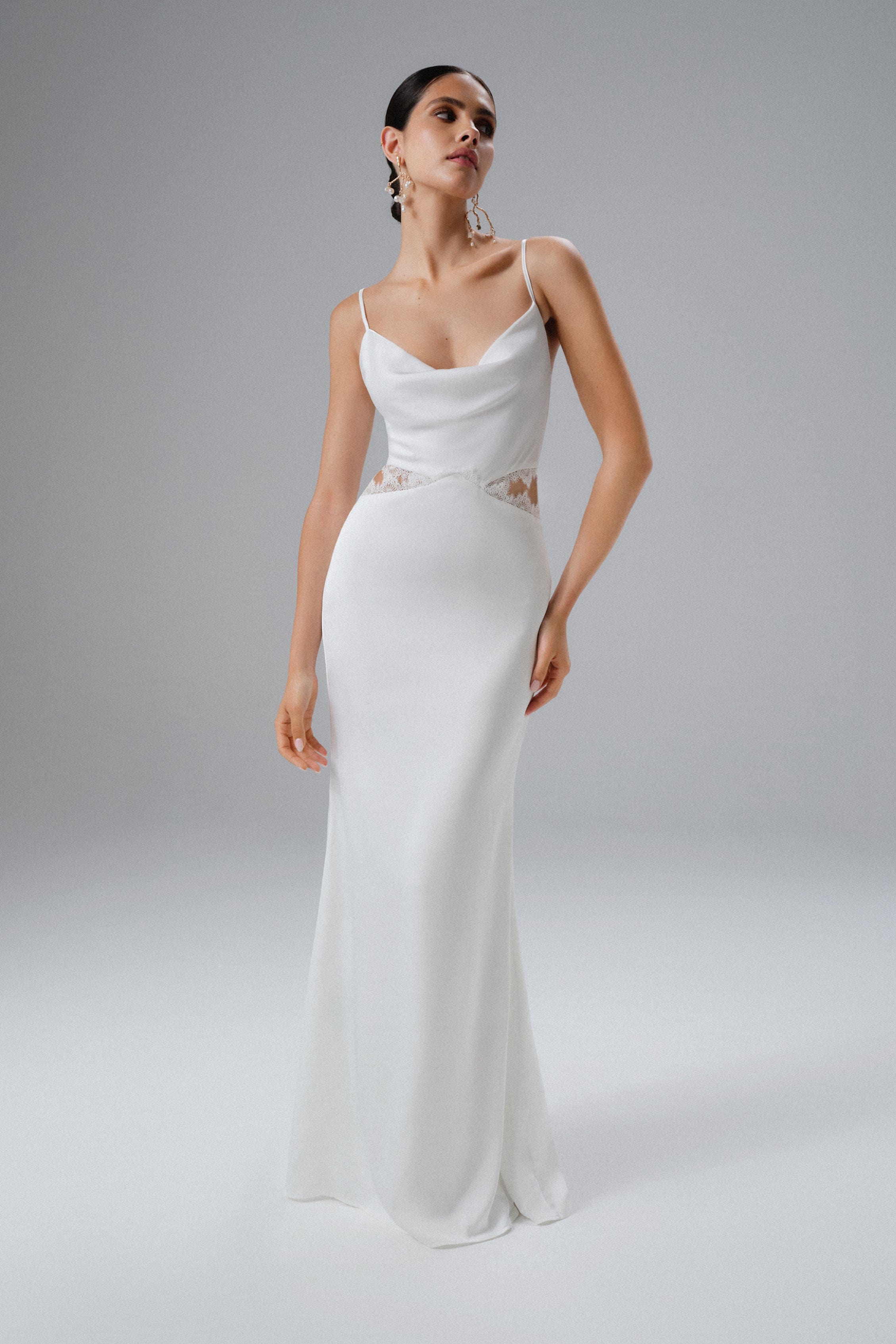 MAY Lace Insert Satin Maxi Dress in White