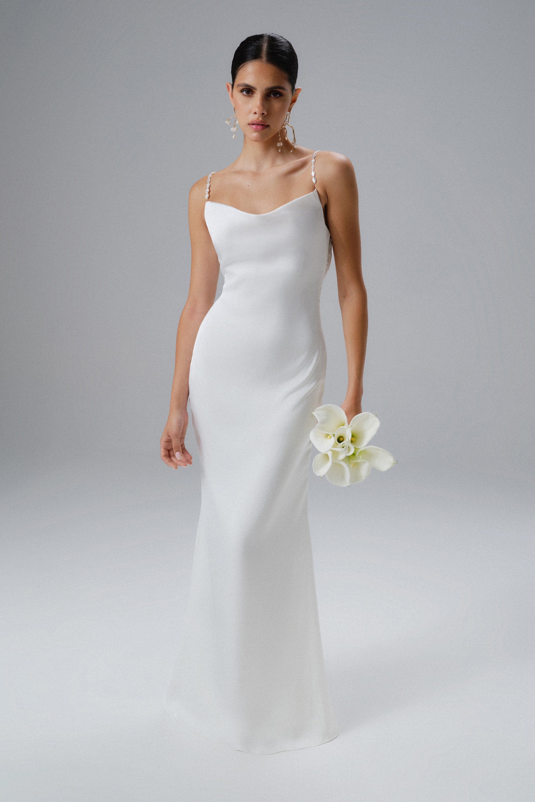 DANI Cowl Neck Satin Maxi Dress with Pearl Straps in White