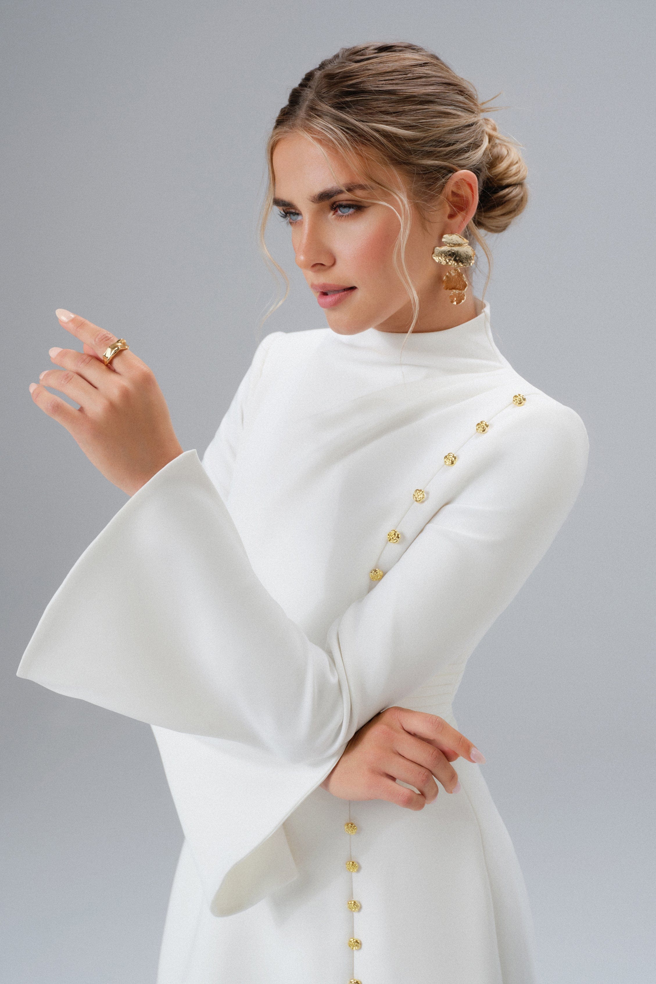PRE-ORDER GEMMA High Neck Rose Button Long Sleeve Mini Dress in White