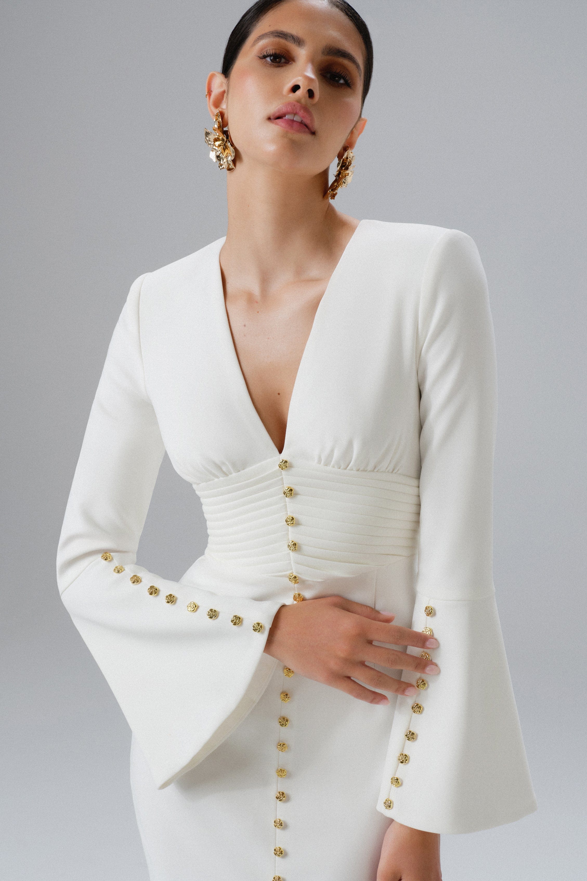 SALMA Fluted Sleeve Micro Rose Button Midi Dress in White