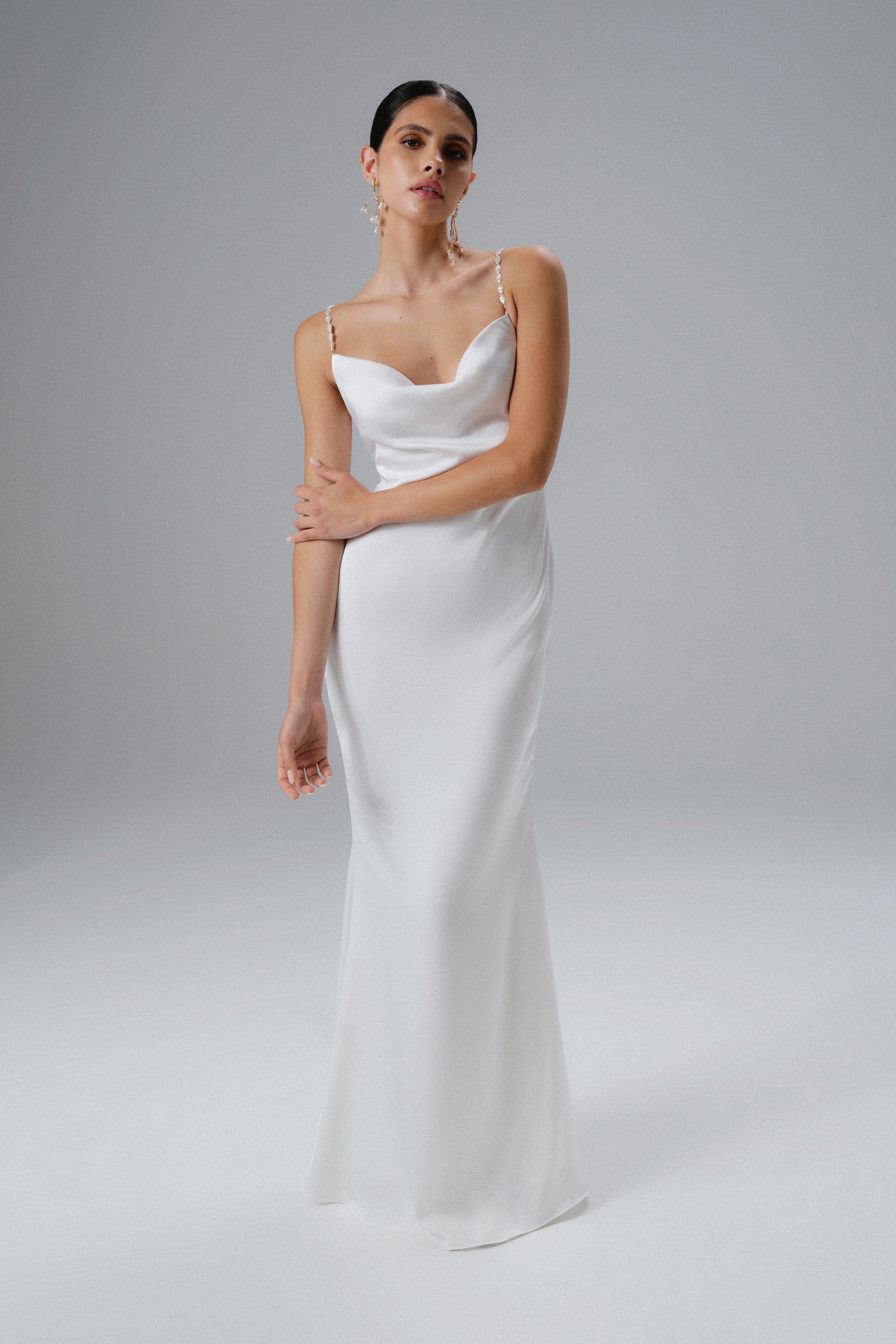 DANI Cowl Neck Satin Maxi Dress with Pearl Straps in White