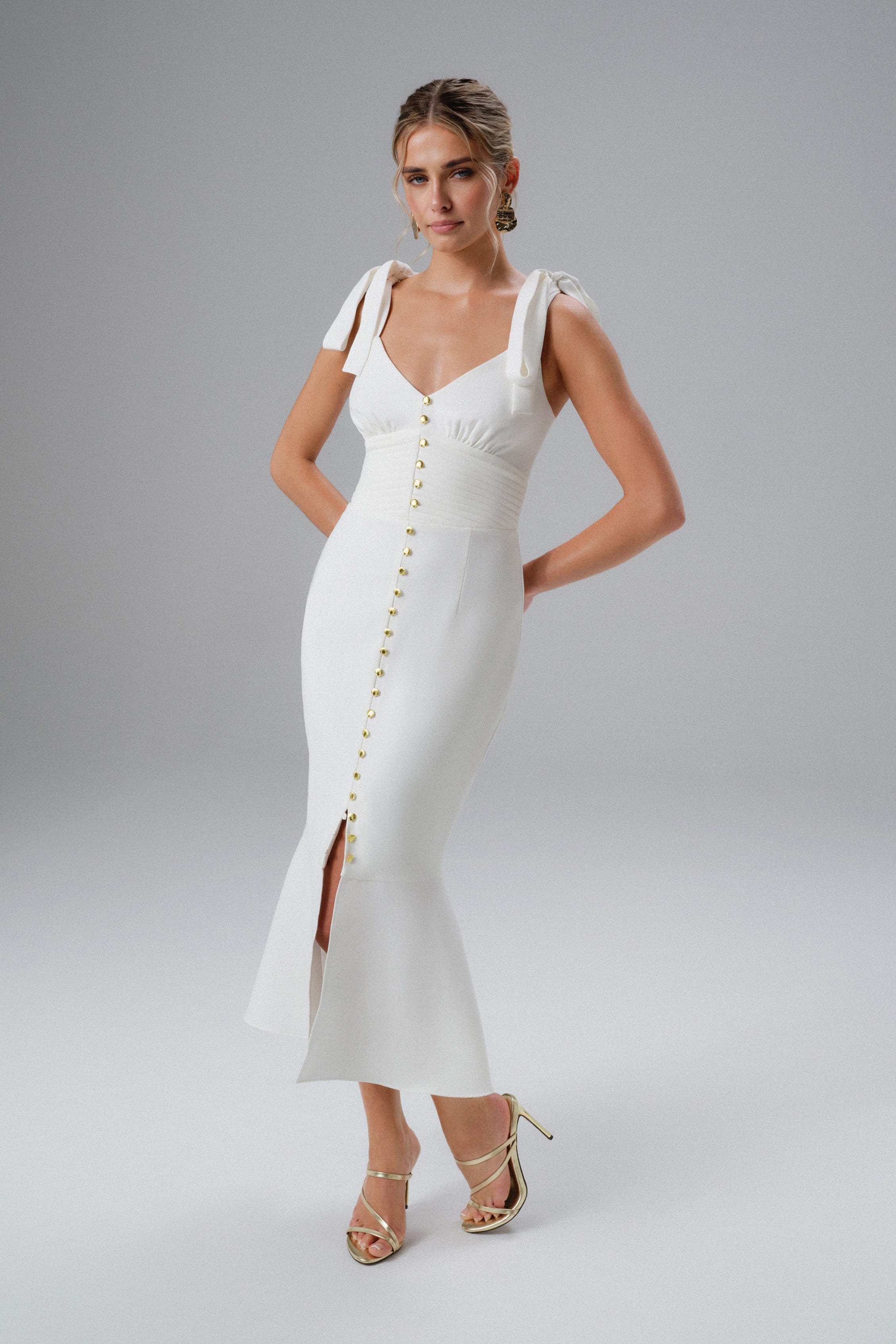 KAMILA Tie Strap Micro Shell Button Midi Dress in White