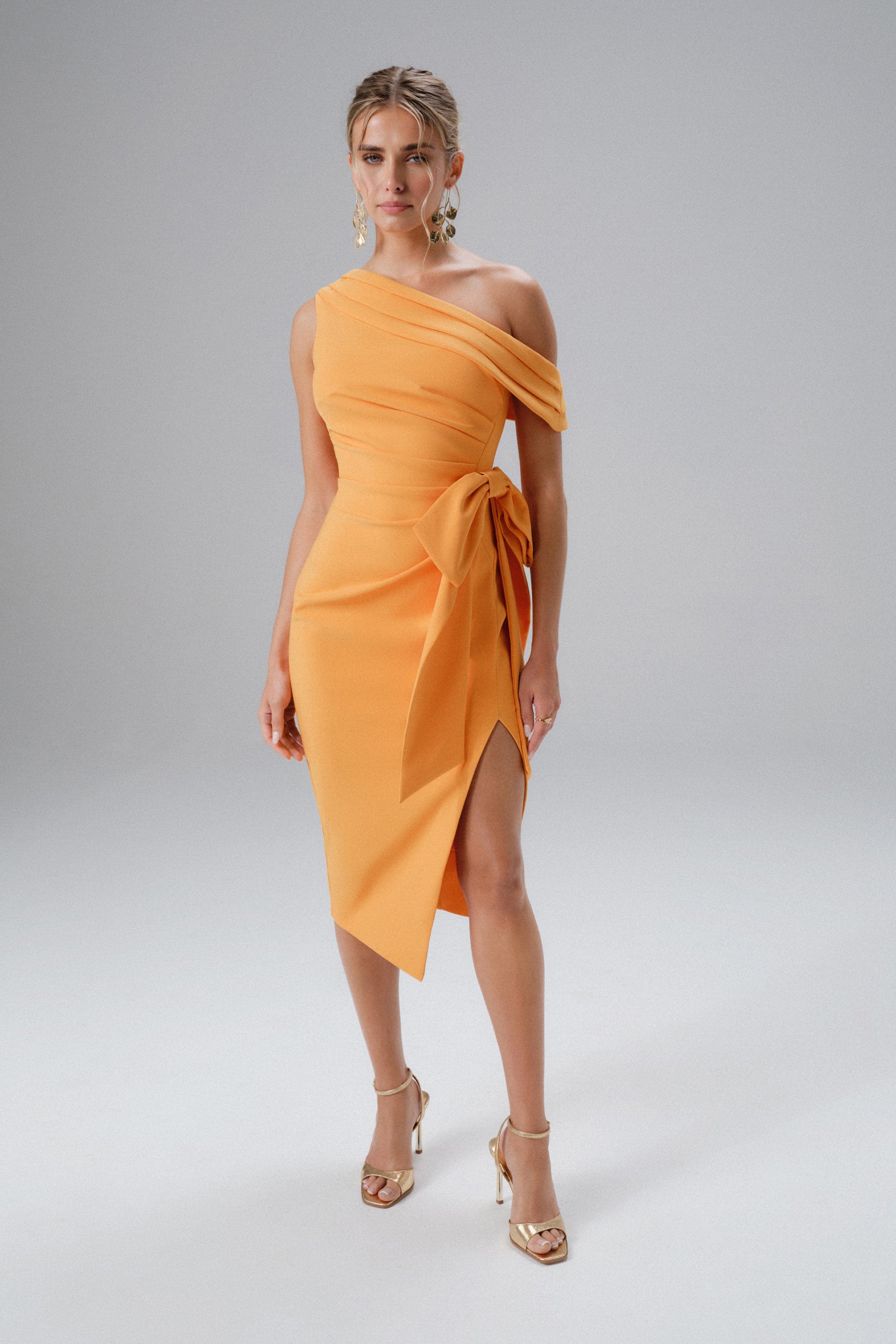 PRE-ORDER HONEY One Shoulder Pleated Bow Midi Dress in Orange
