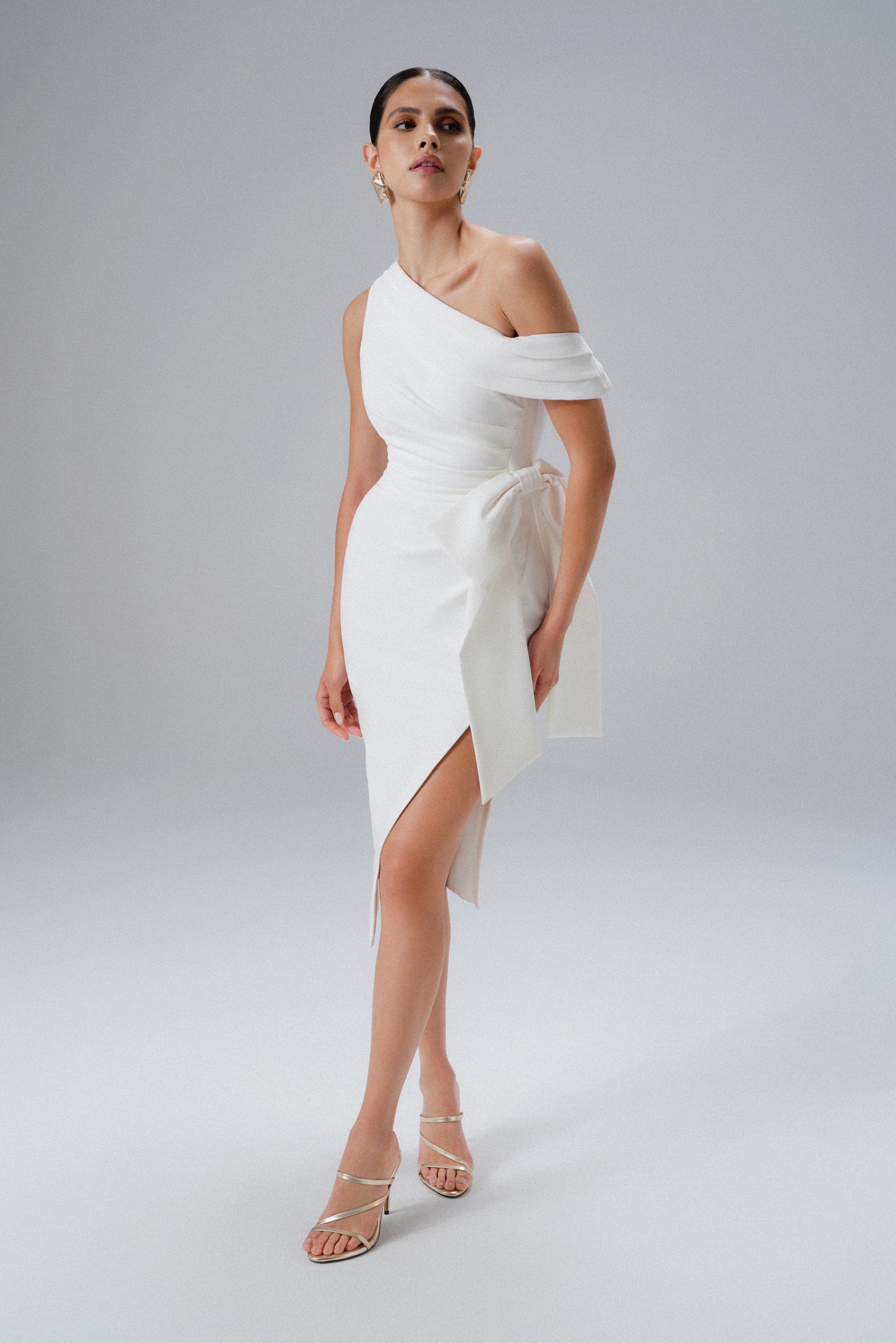 HONEY One Shoulder Pleated Bow Midi Dress in White