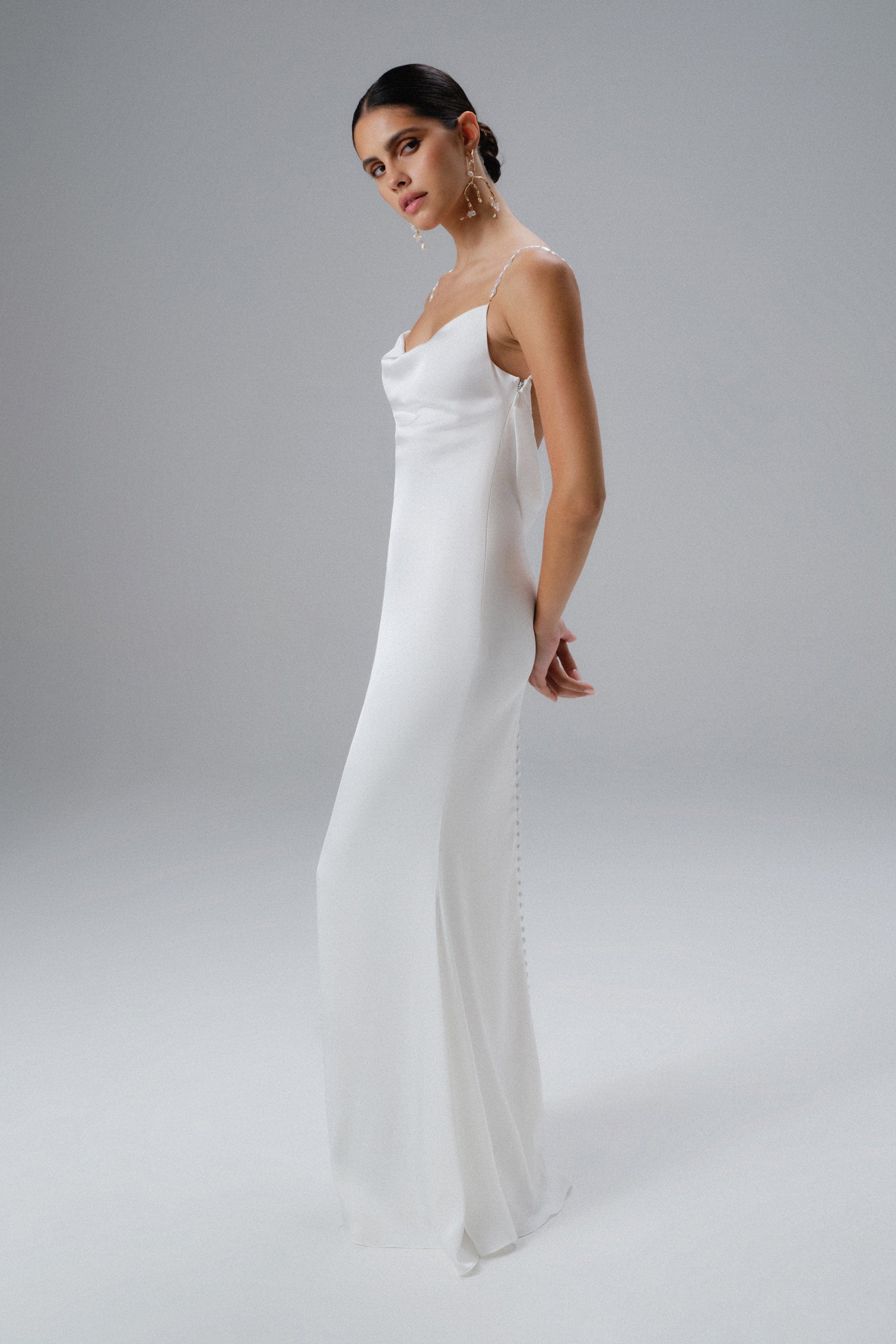 DANI Cowl Neck Satin Maxi Dress with Pearl Straps in White