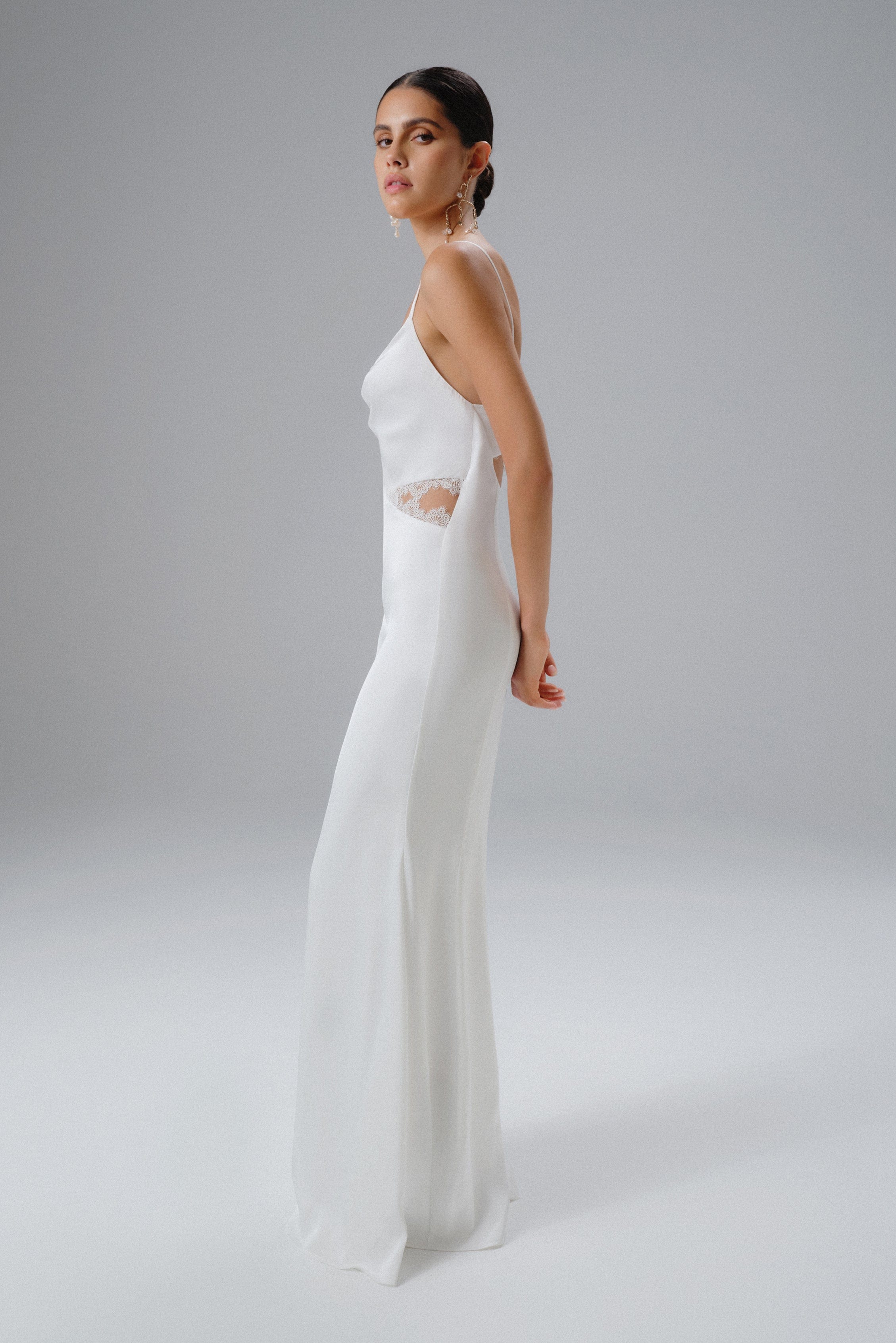 MAY Lace Insert Satin Maxi Dress in White