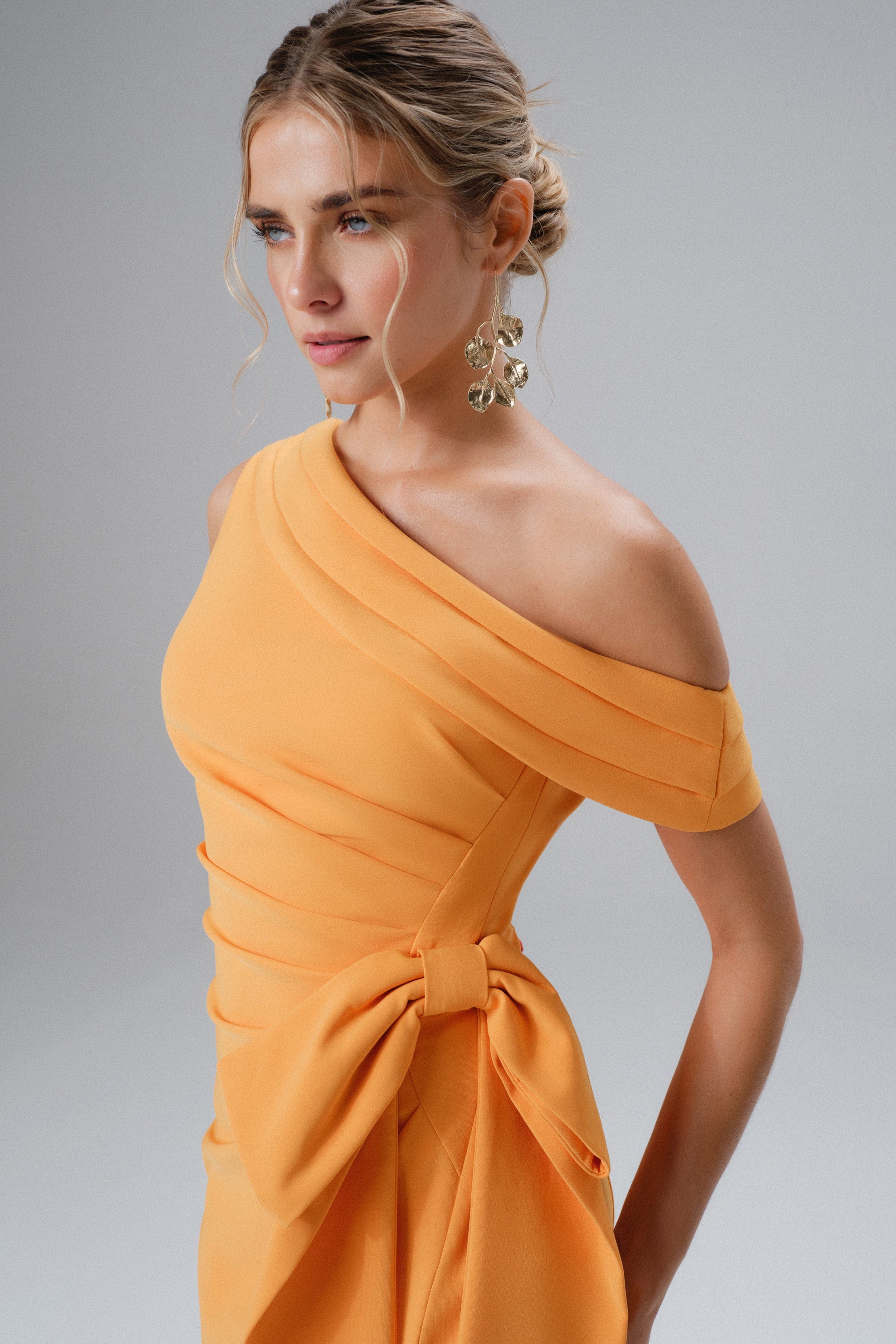 PRE-ORDER HONEY One Shoulder Pleated Bow Midi Dress in Orange
