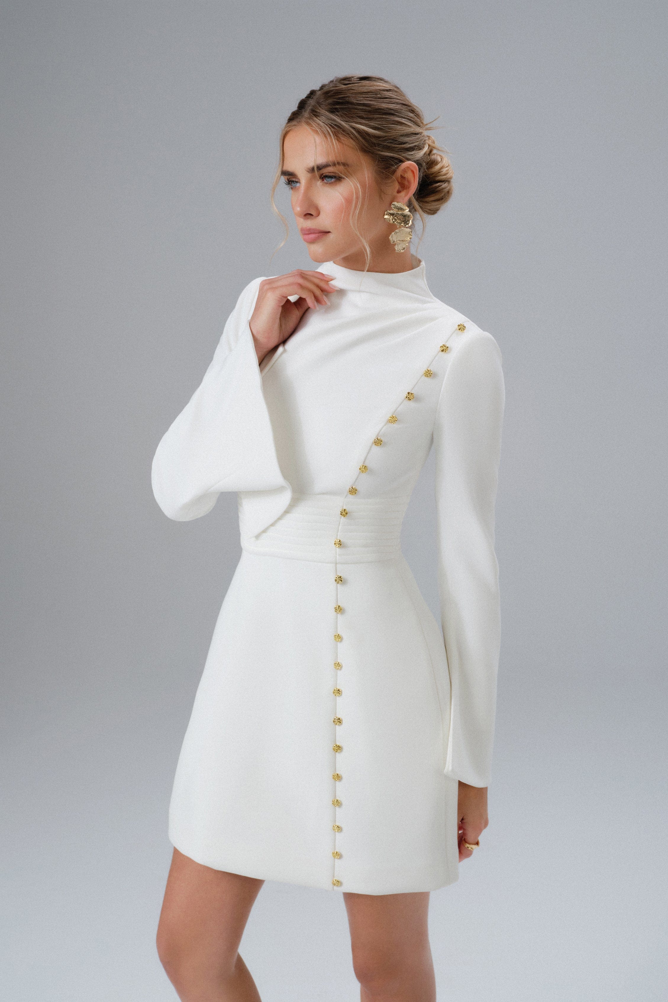 GEMMA High Neck Rose Button Long Sleeve Mini Dress in White