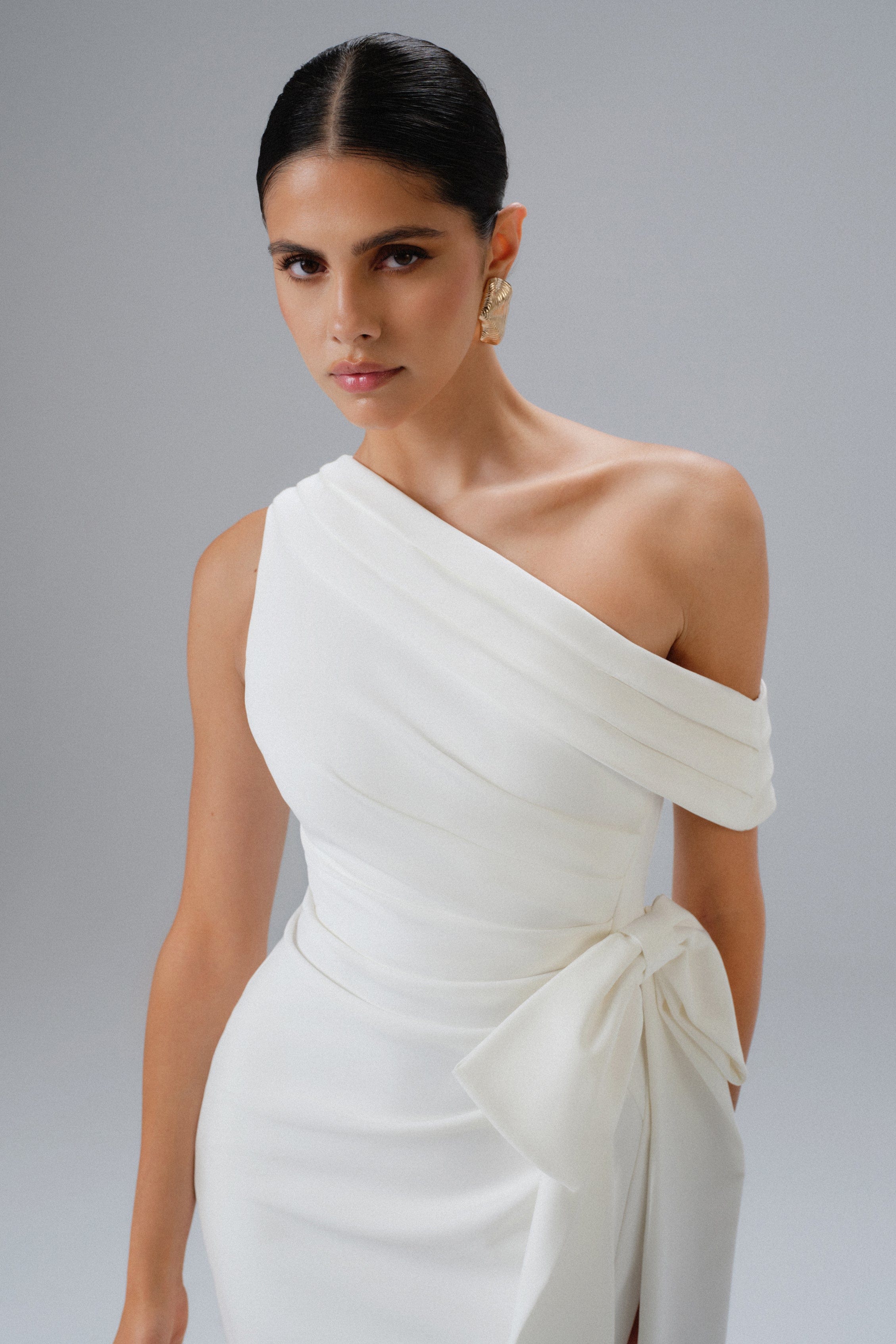HONEY One Shoulder Pleated Bow Midi Dress in White