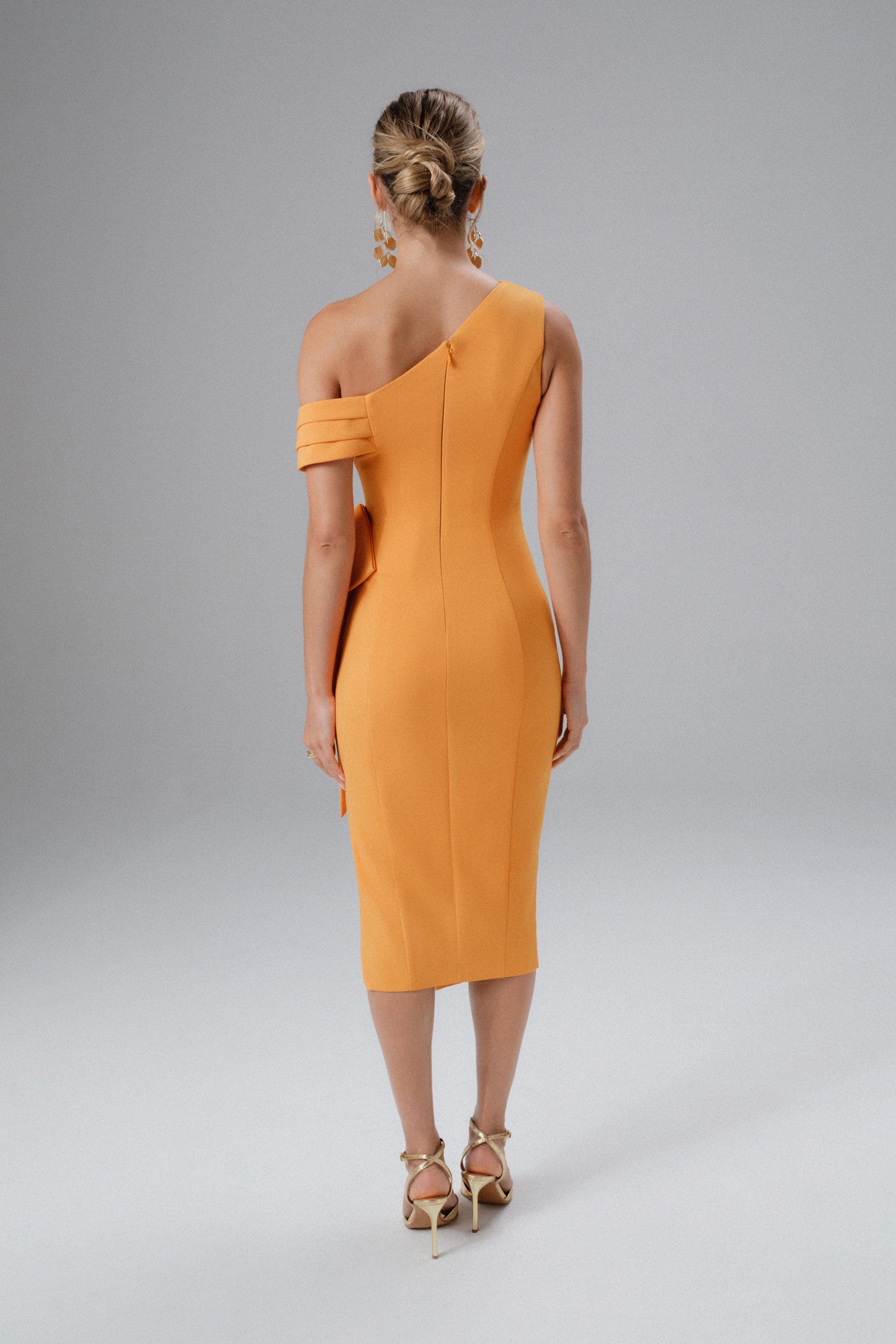 PRE-ORDER HONEY One Shoulder Pleated Bow Midi Dress in Orange