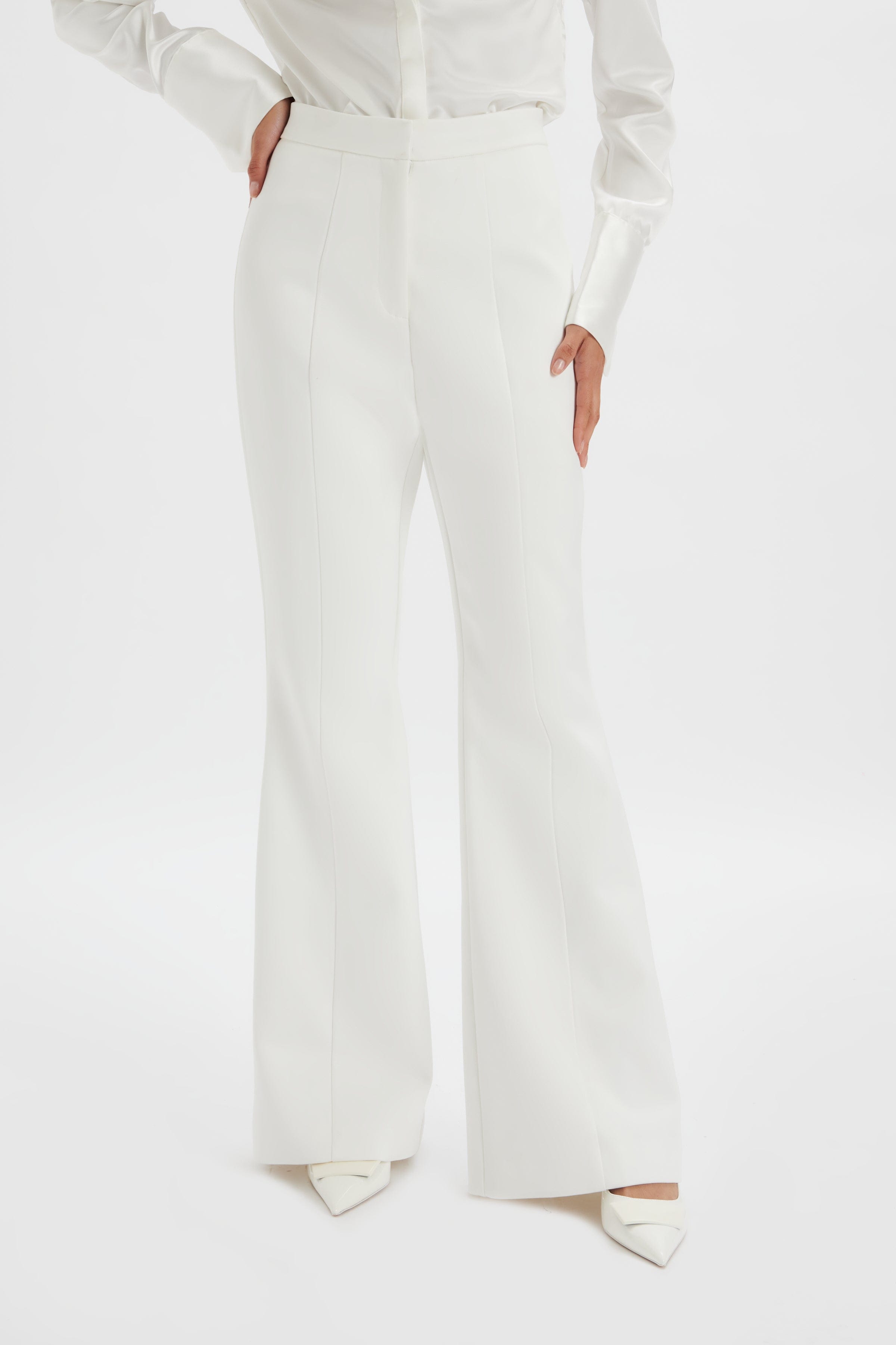 EMELIE Fit & Flare Satin Trouser in White