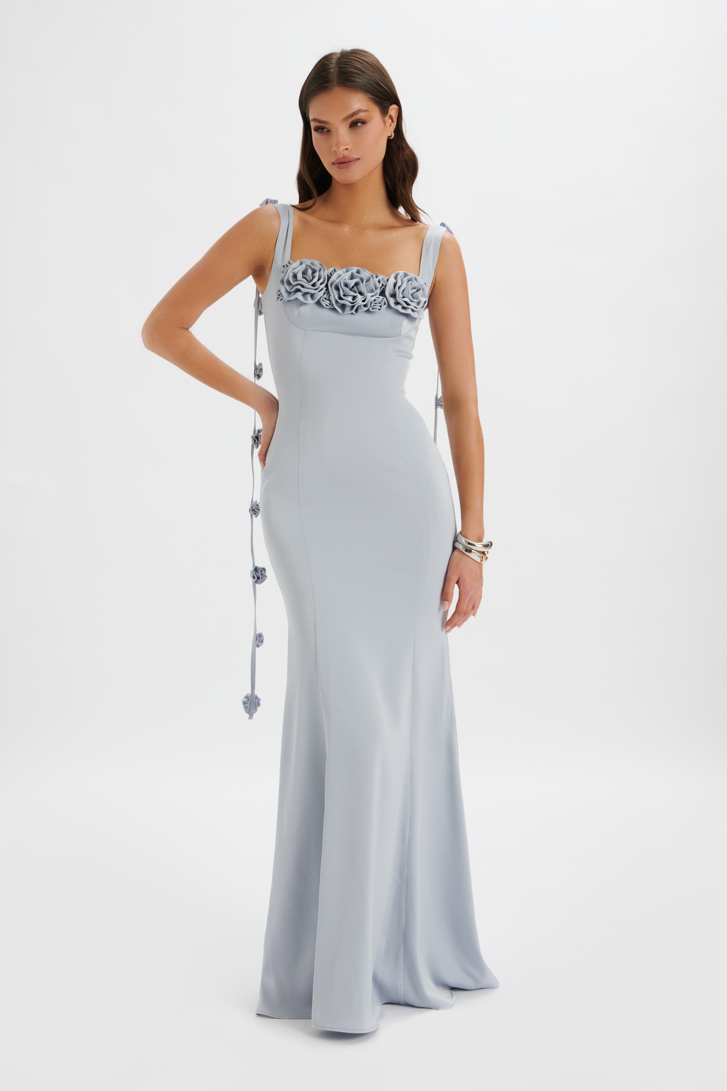 NATALYA 3D Flower Detail Satin Maxi Dress in Blue