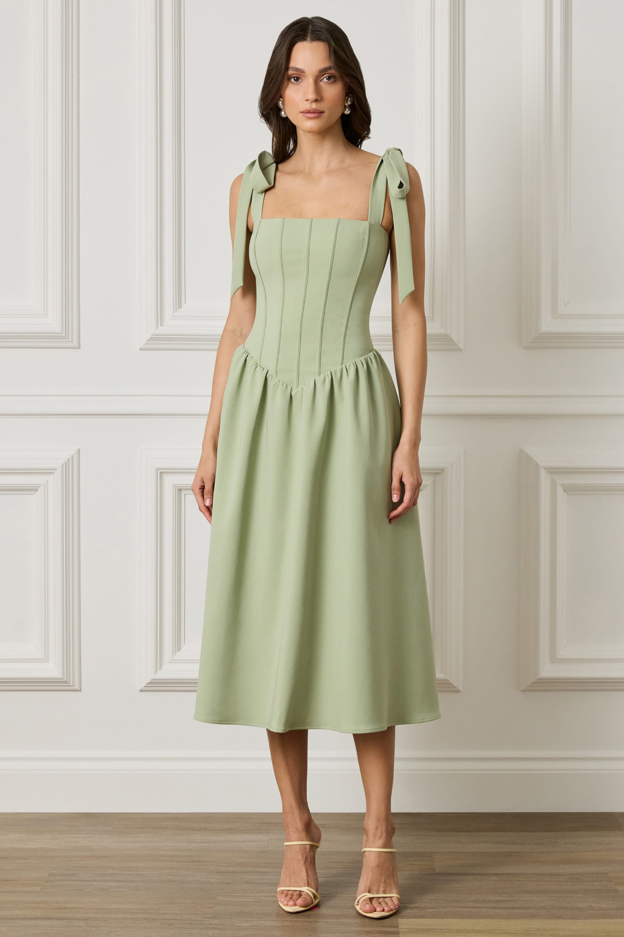 BLOSSOM Tie Shoulder Corset Midi Dress In Sage Green