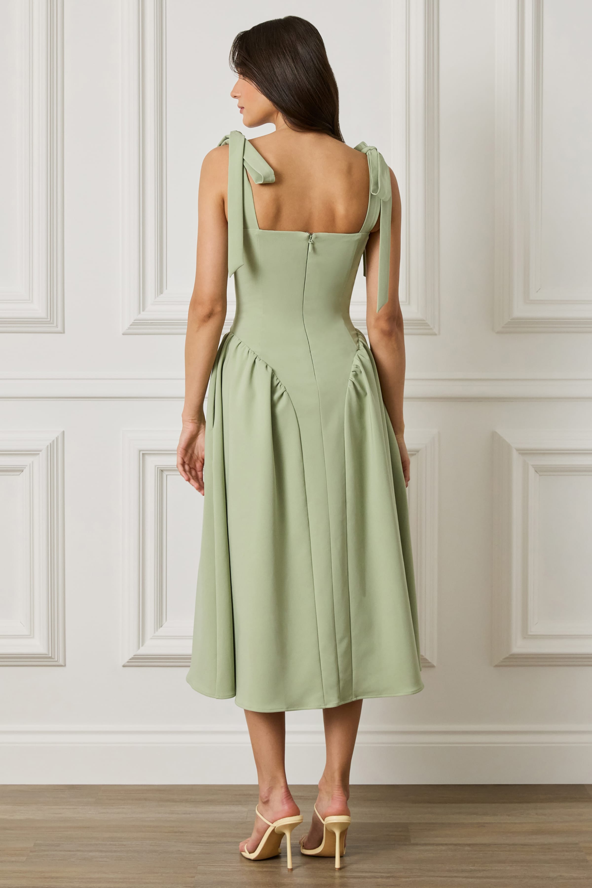 BLOSSOM Tie Shoulder Corset Midi Dress In Sage Green