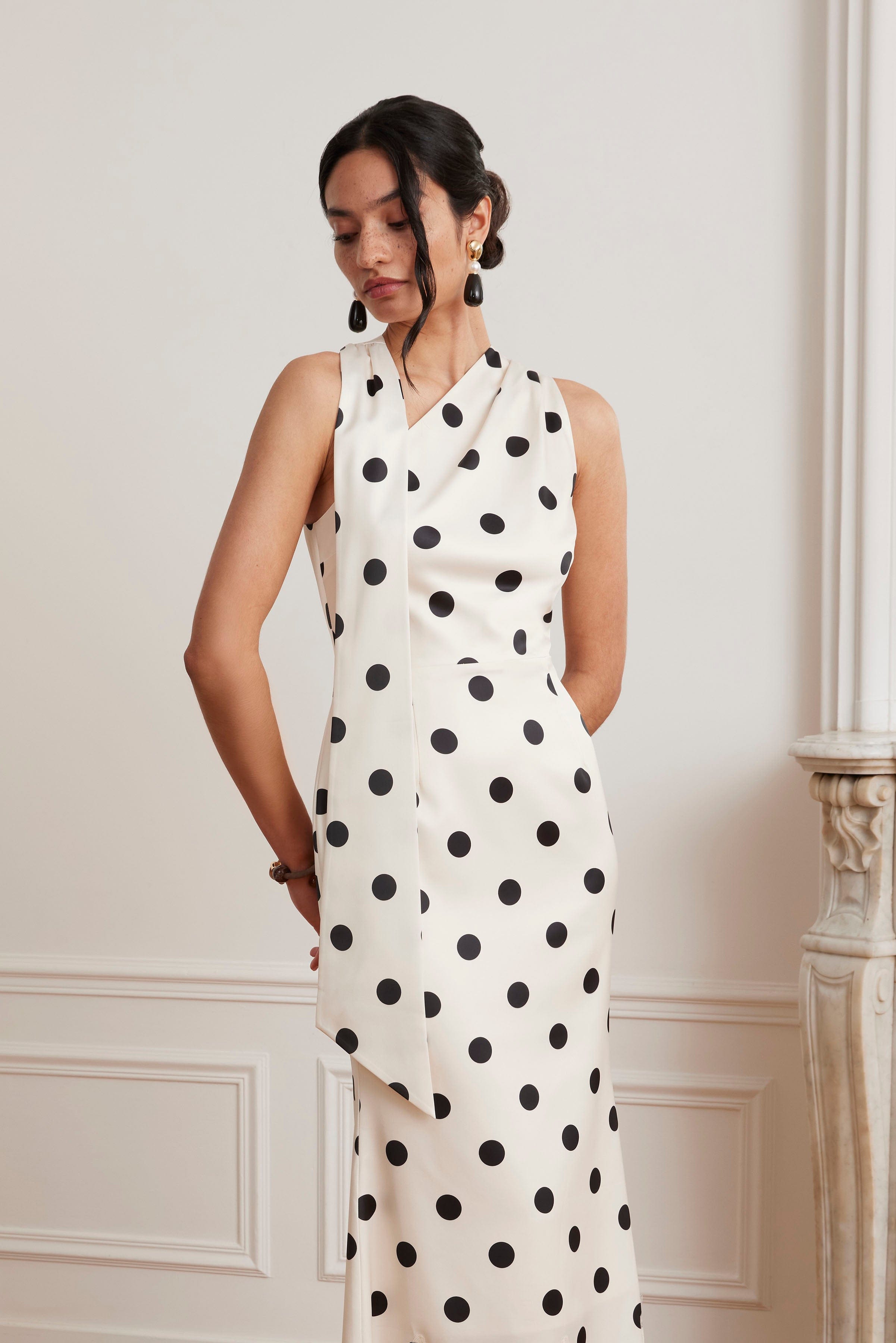 JULIANA Satin Scarf Neck Maxi Dress With Lace Insert In Polka Dot Print