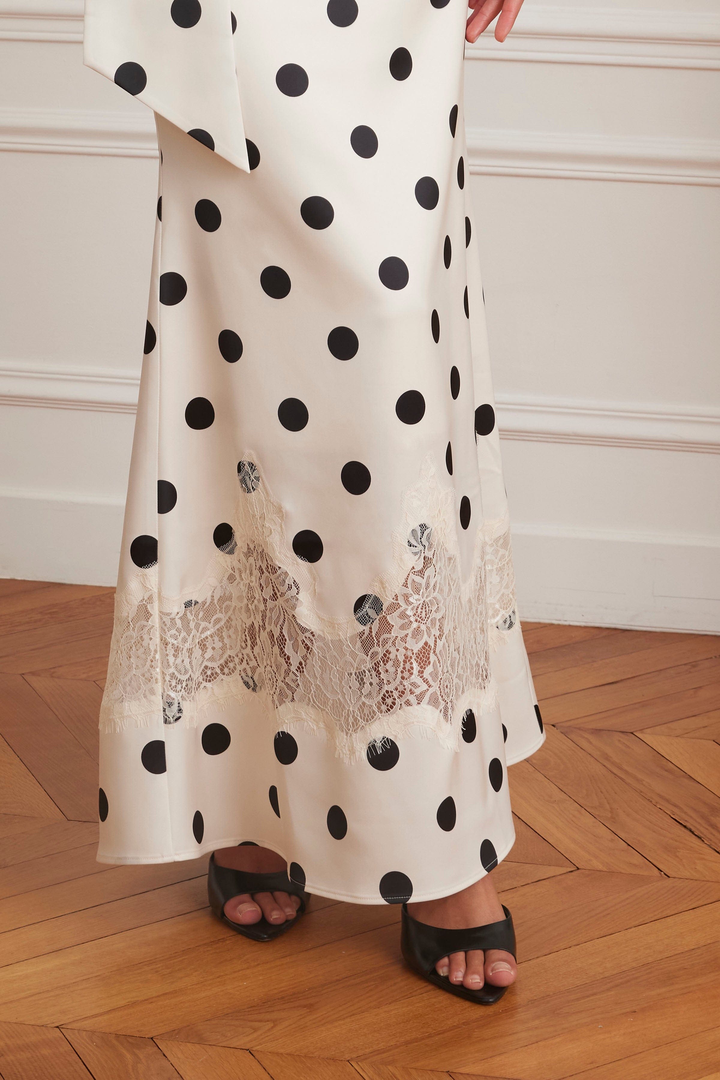 JULIANA Satin Scarf Neck Maxi Dress With Lace Insert In Polka Dot Print