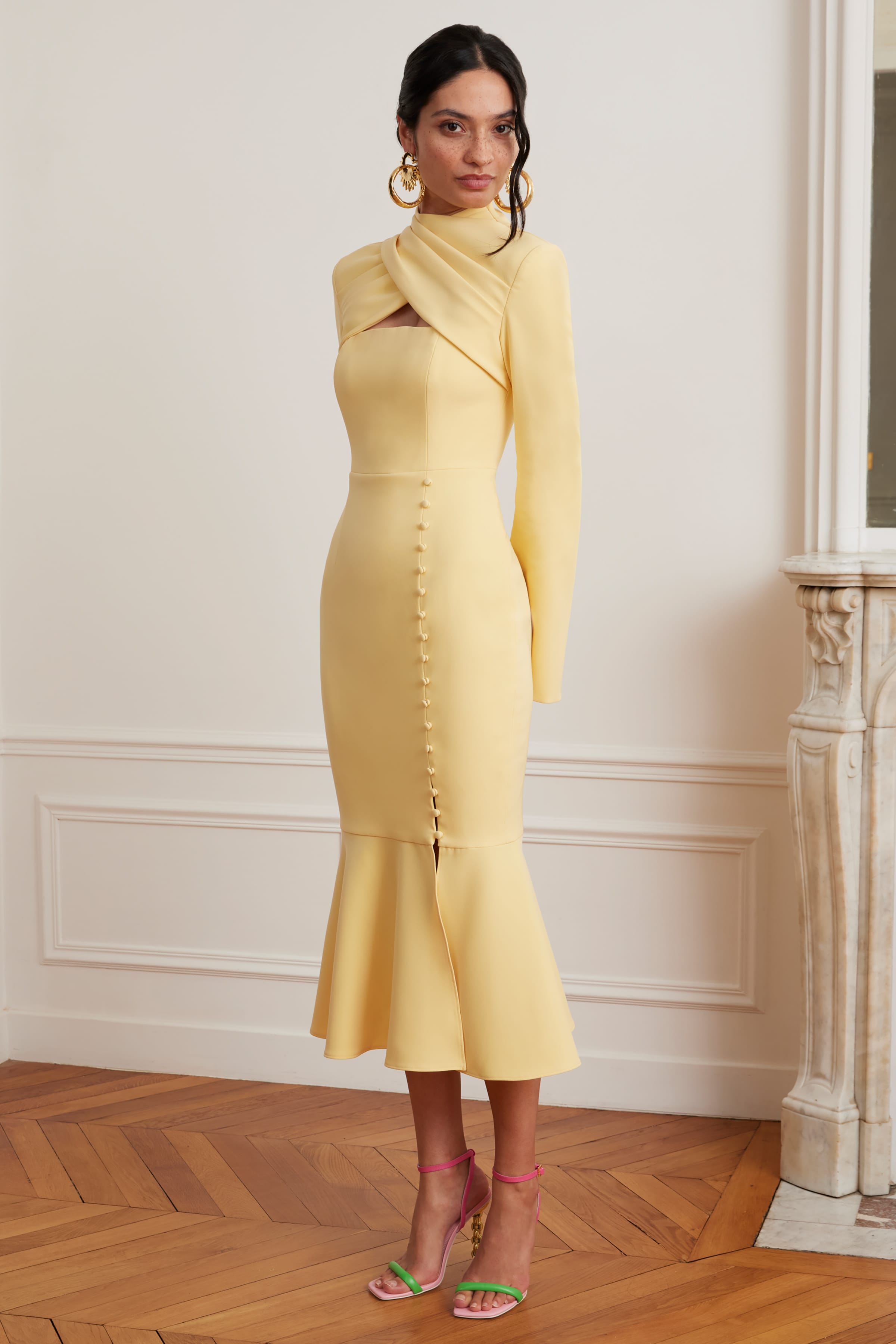 KIMORA Cross Over High Neck Fluted Midi Dress In Yellow