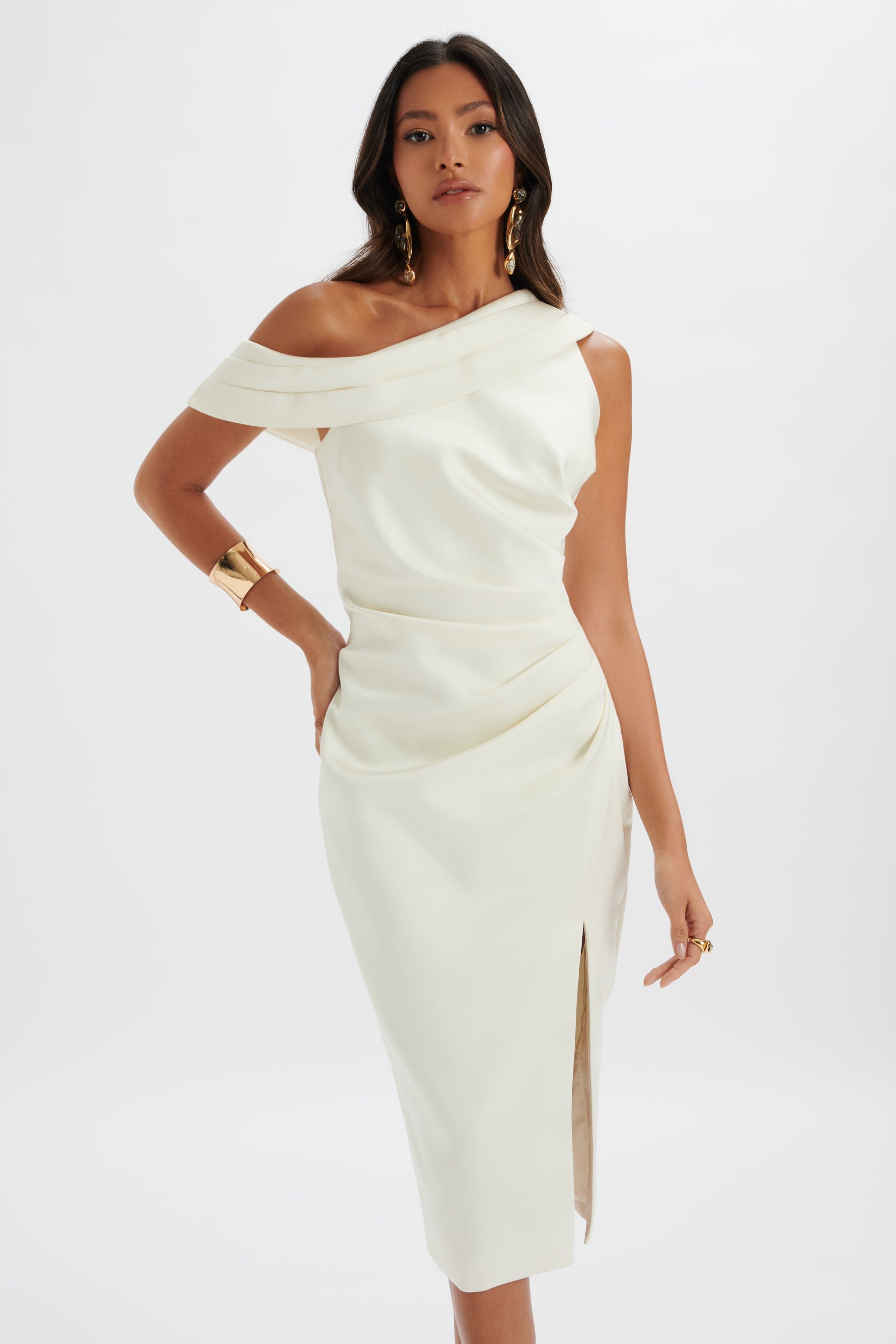AUTUMN Pleated One Shoulder Bonded Satin Midi Dress In Ivory