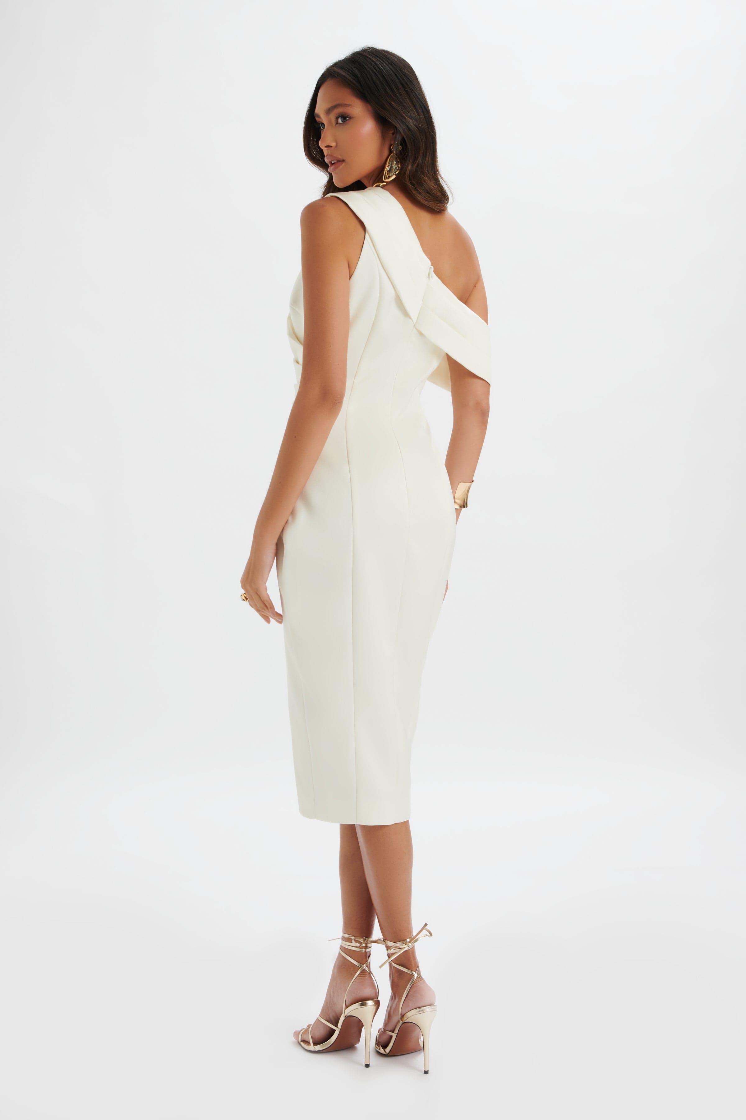AUTUMN Pleated One Shoulder Bonded Satin Midi Dress In Ivory