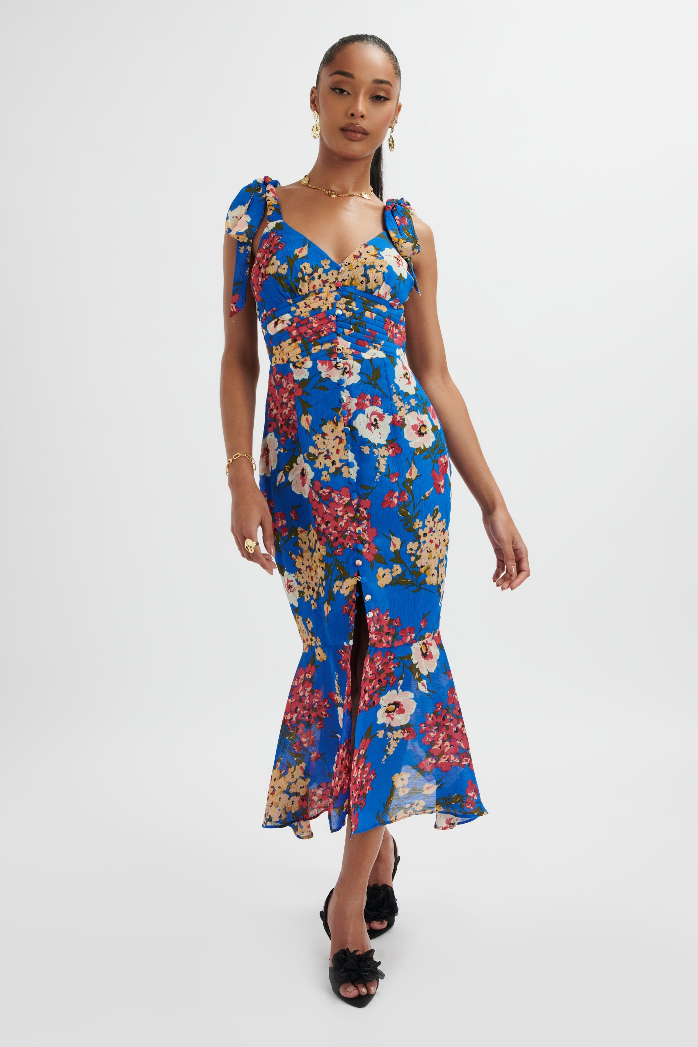 KAMILA Tie Strap Micro Button Longline Midi Dress In Blue Floral Satin