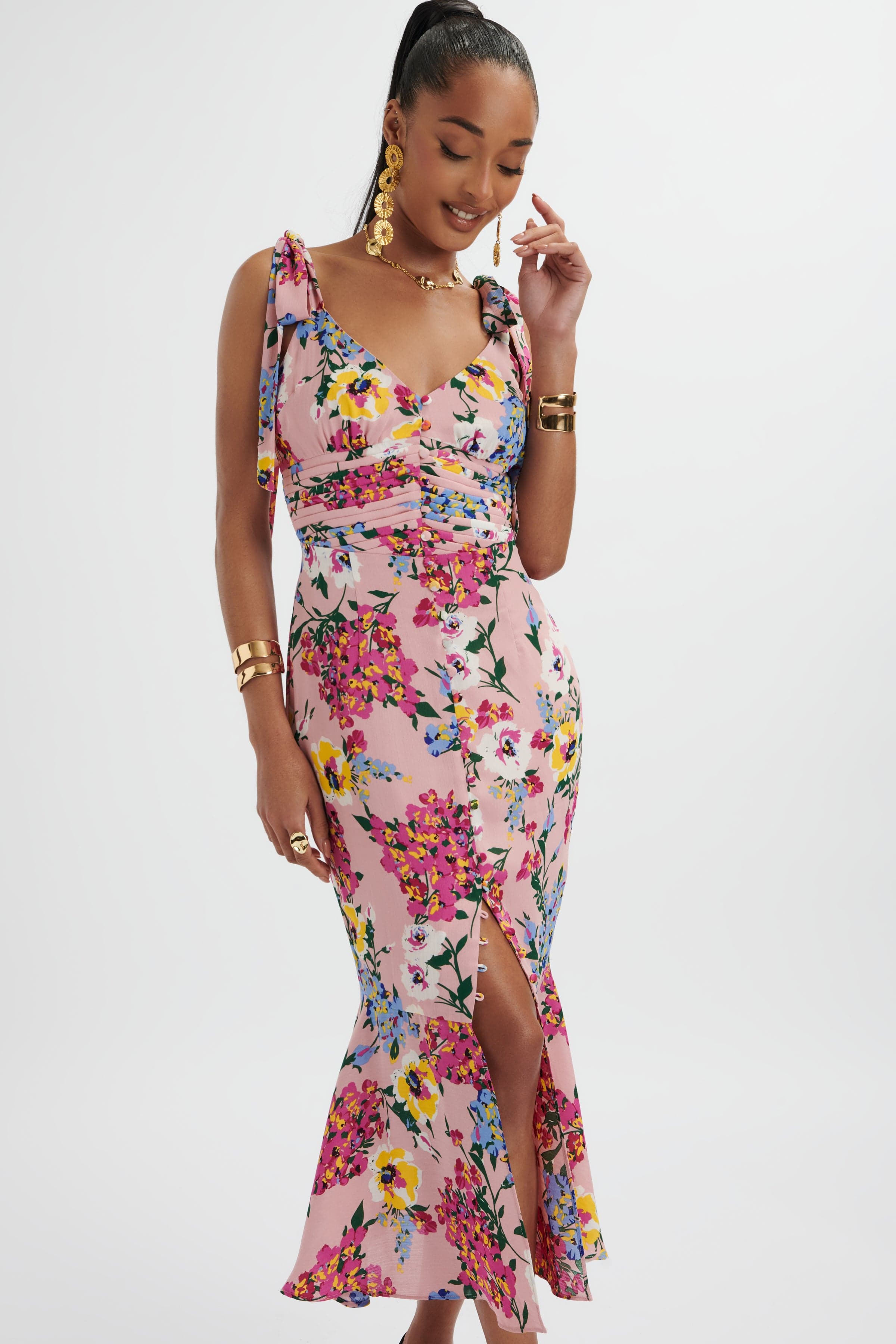 KAMILA Tie Strap Micro Button Longline Midi Dress In Pink Floral Satin