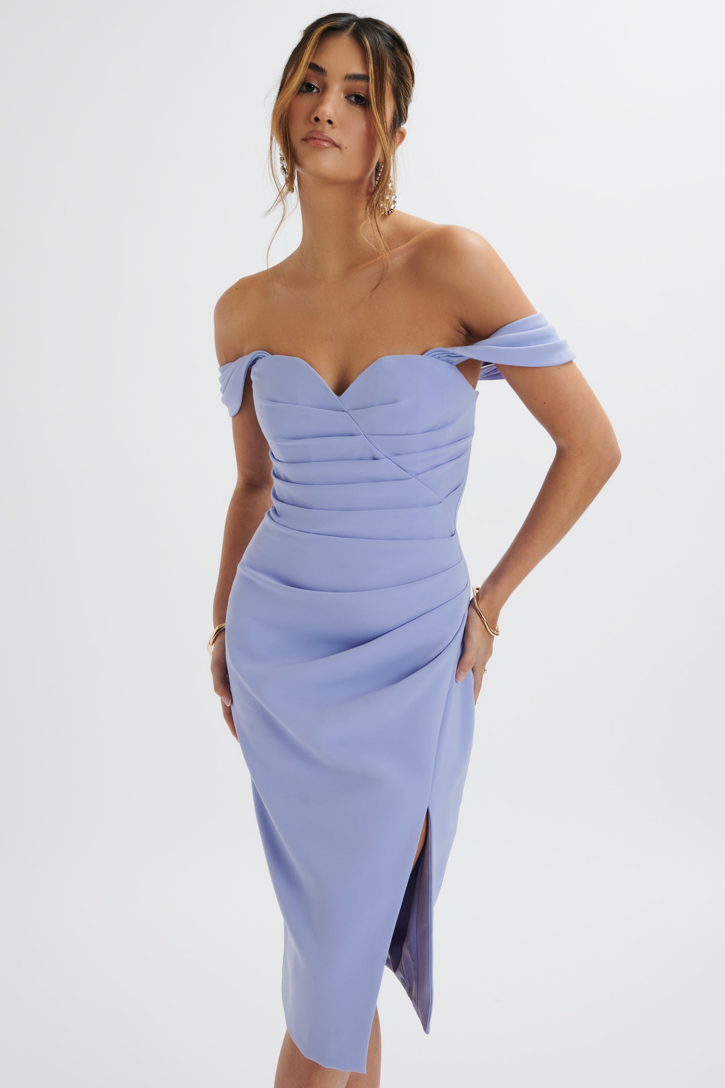 JULIA Pleated Bardot Midi Dress In Cornflower Blue