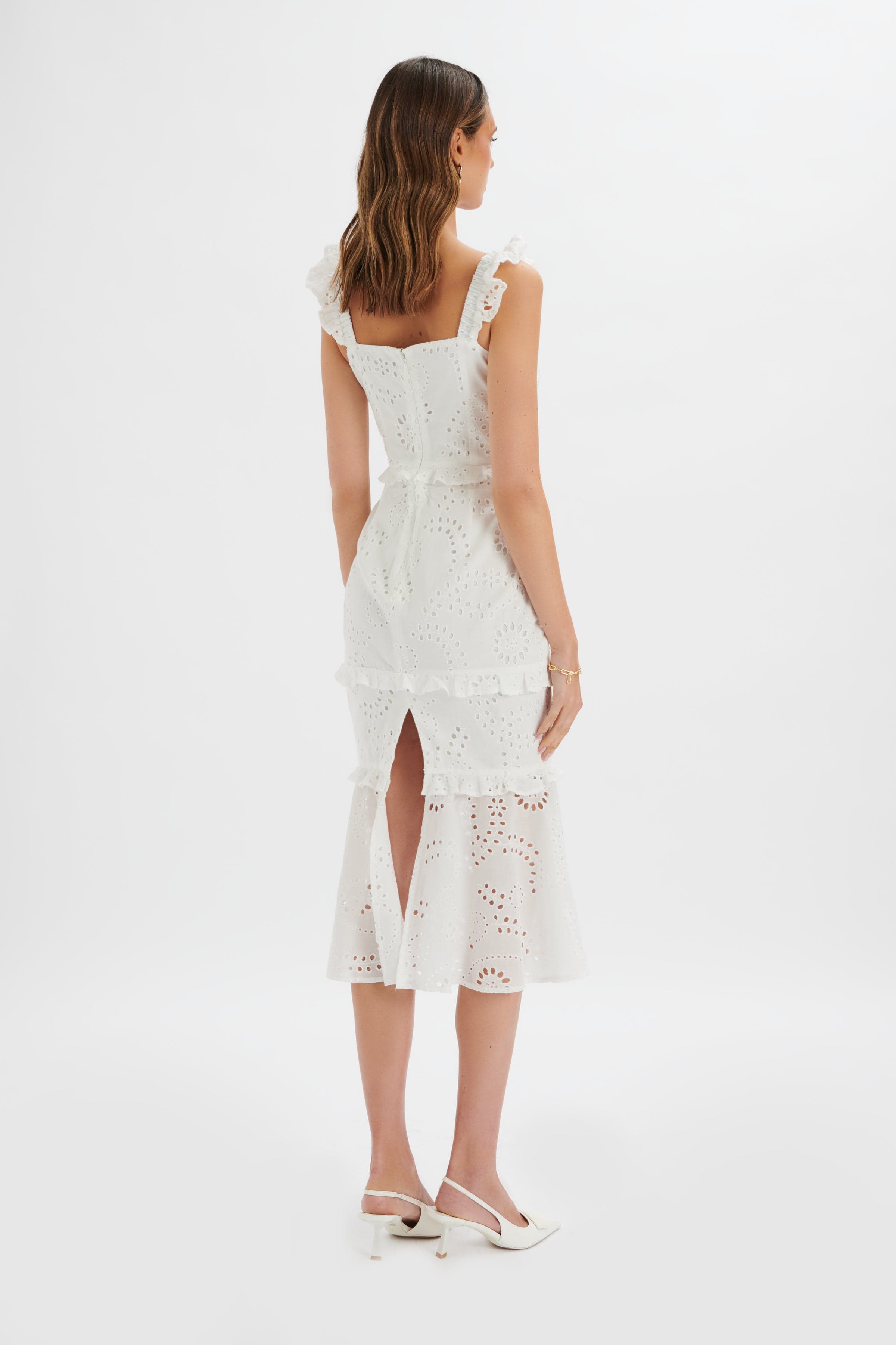 SOFI Broderie Anglais Ruffle Fishtail Midaxi in White