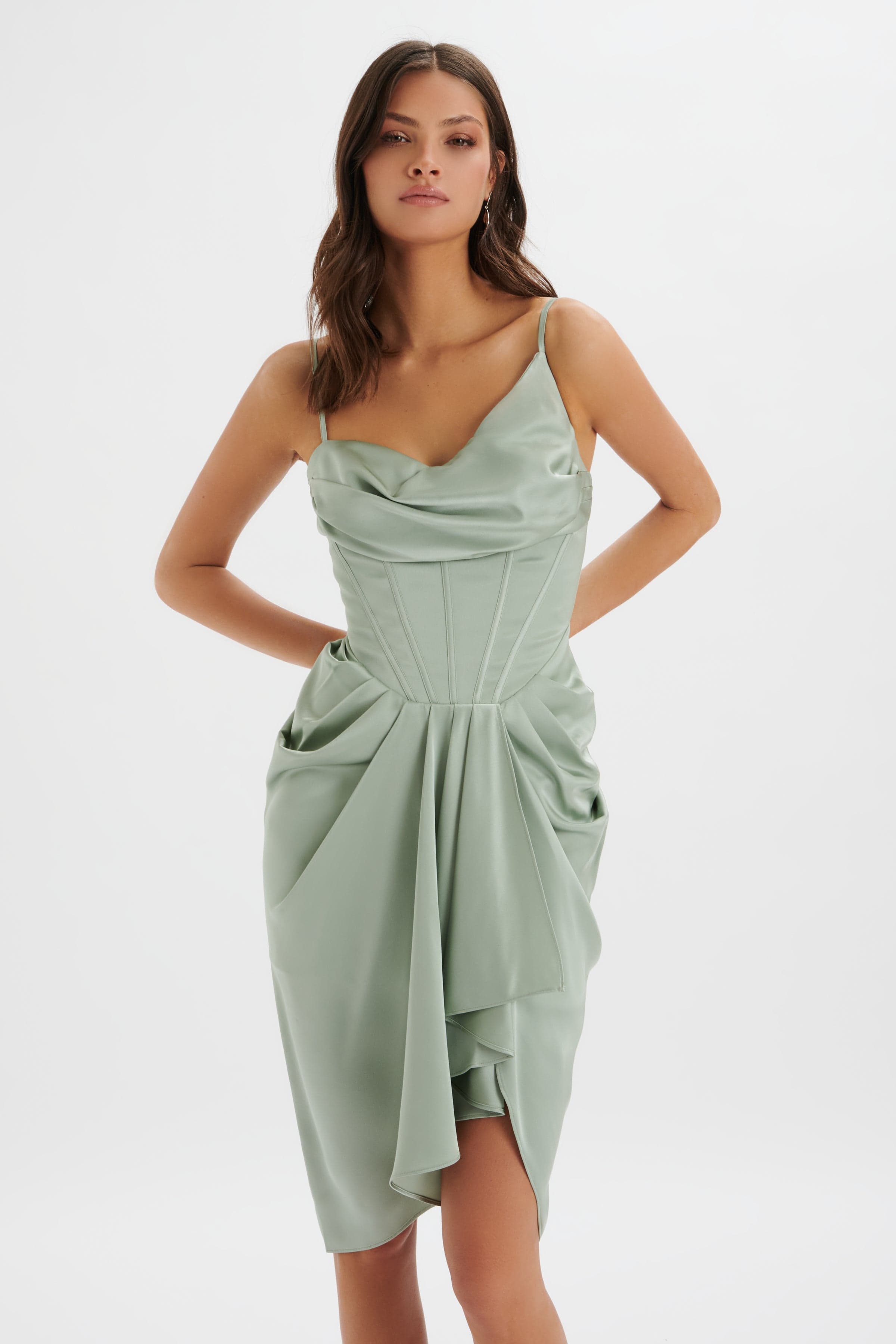 SELAH Asymmetric Cowl Neck Draped Midi Dress In Sage