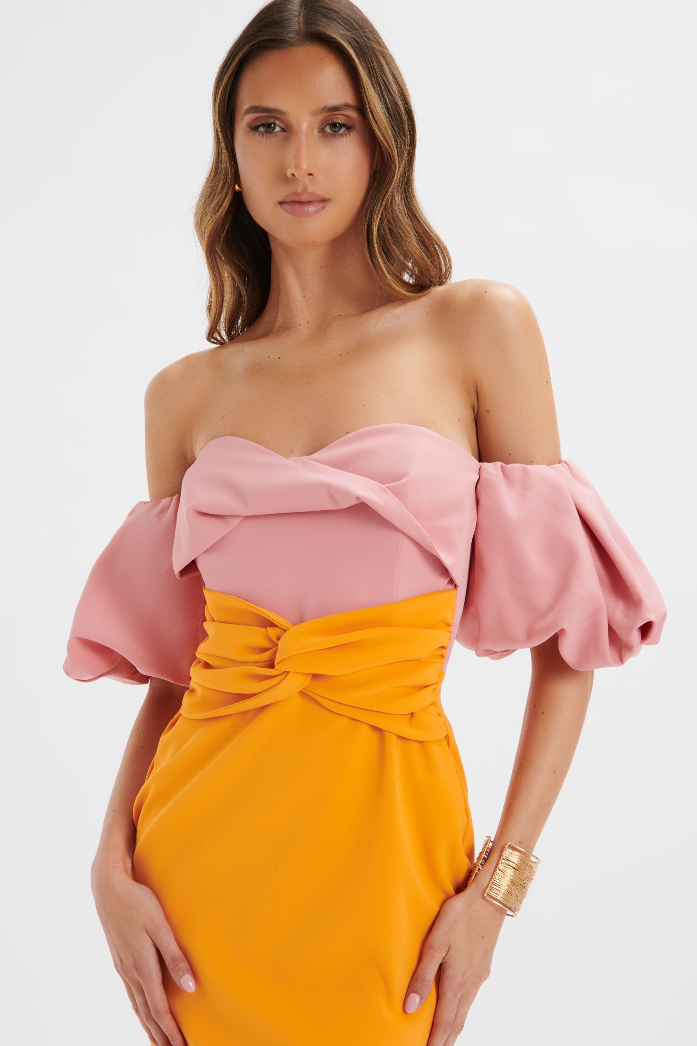 ELIZA Colour Block Twisted Midi Dress In Pink & Papaya