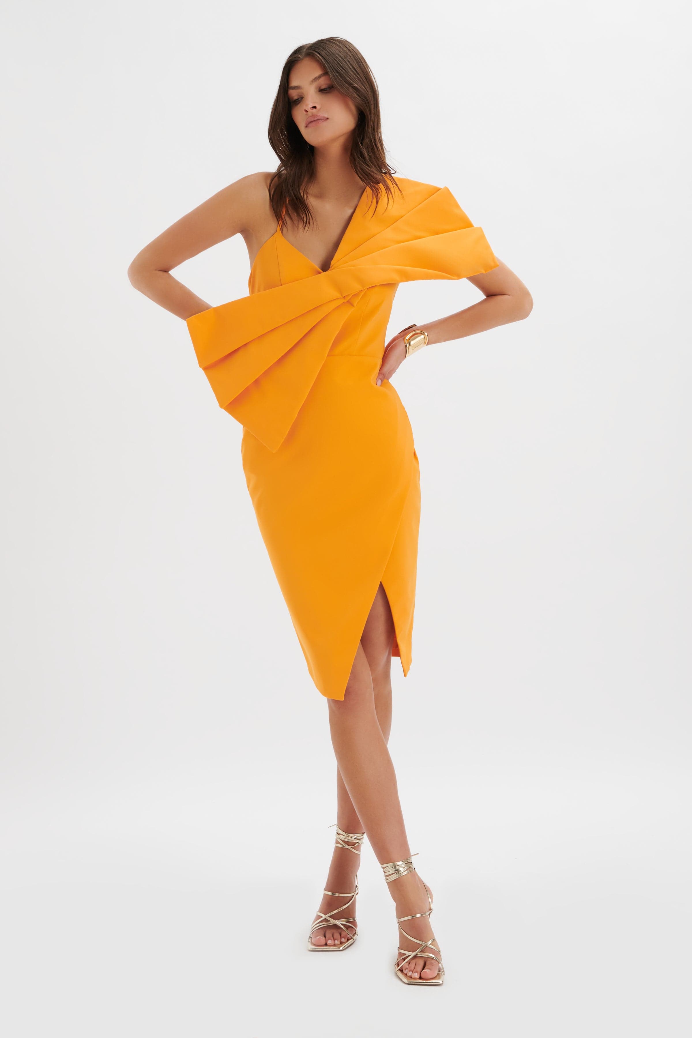 ESTHER Bow Detail Wrap Skirt Midi Dress In Orange