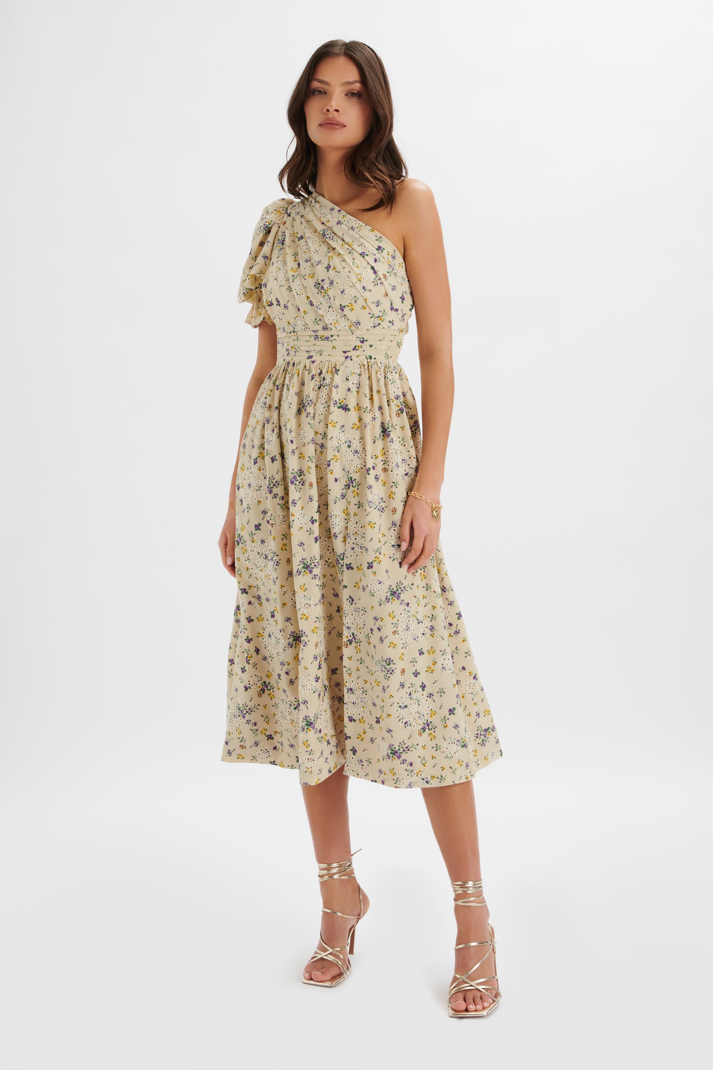 POLLY One Shoulder Puff Sleeve Midi Dress in Floral Broidery