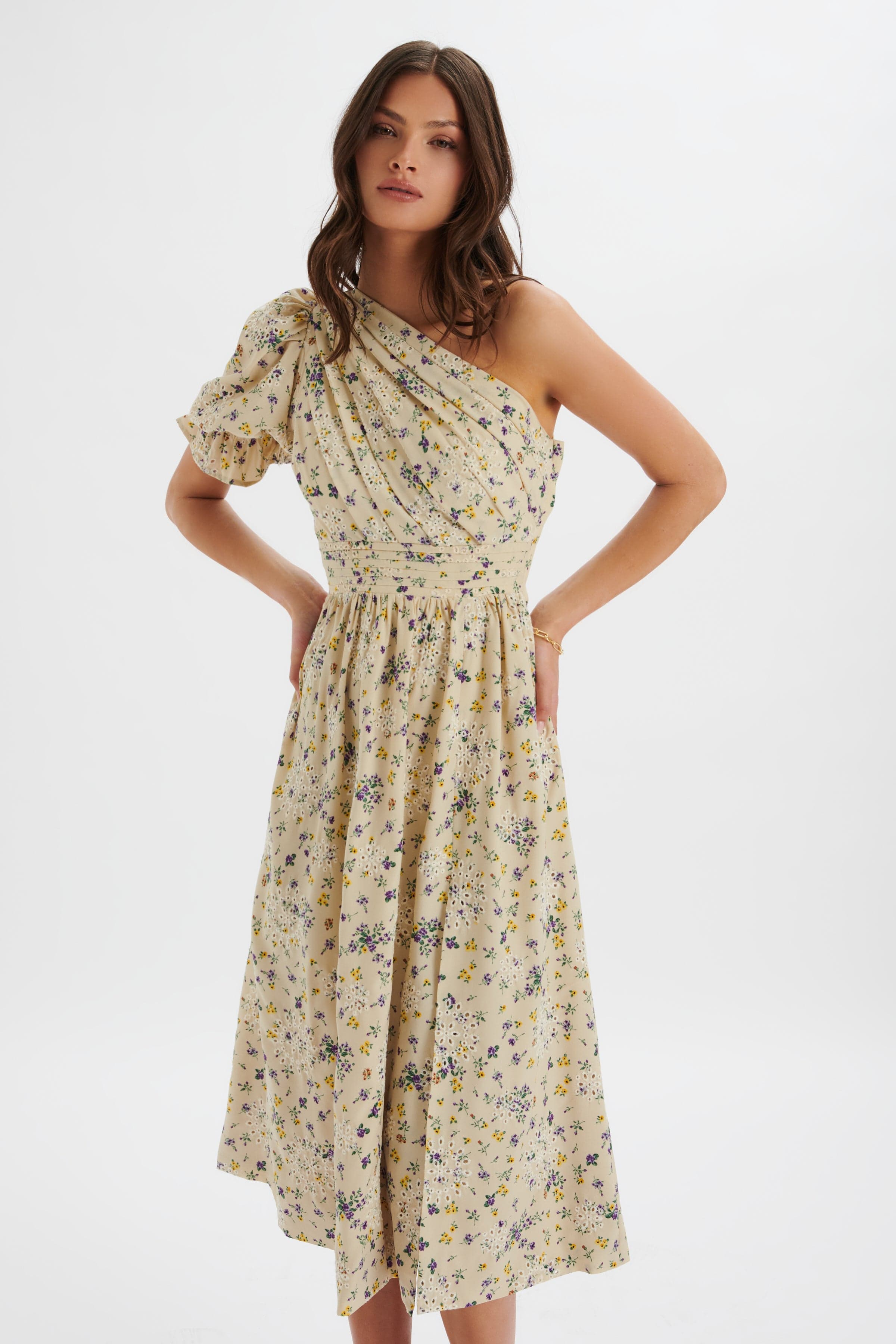 POLLY One Shoulder Puff Sleeve Midi Dress in Floral Broidery