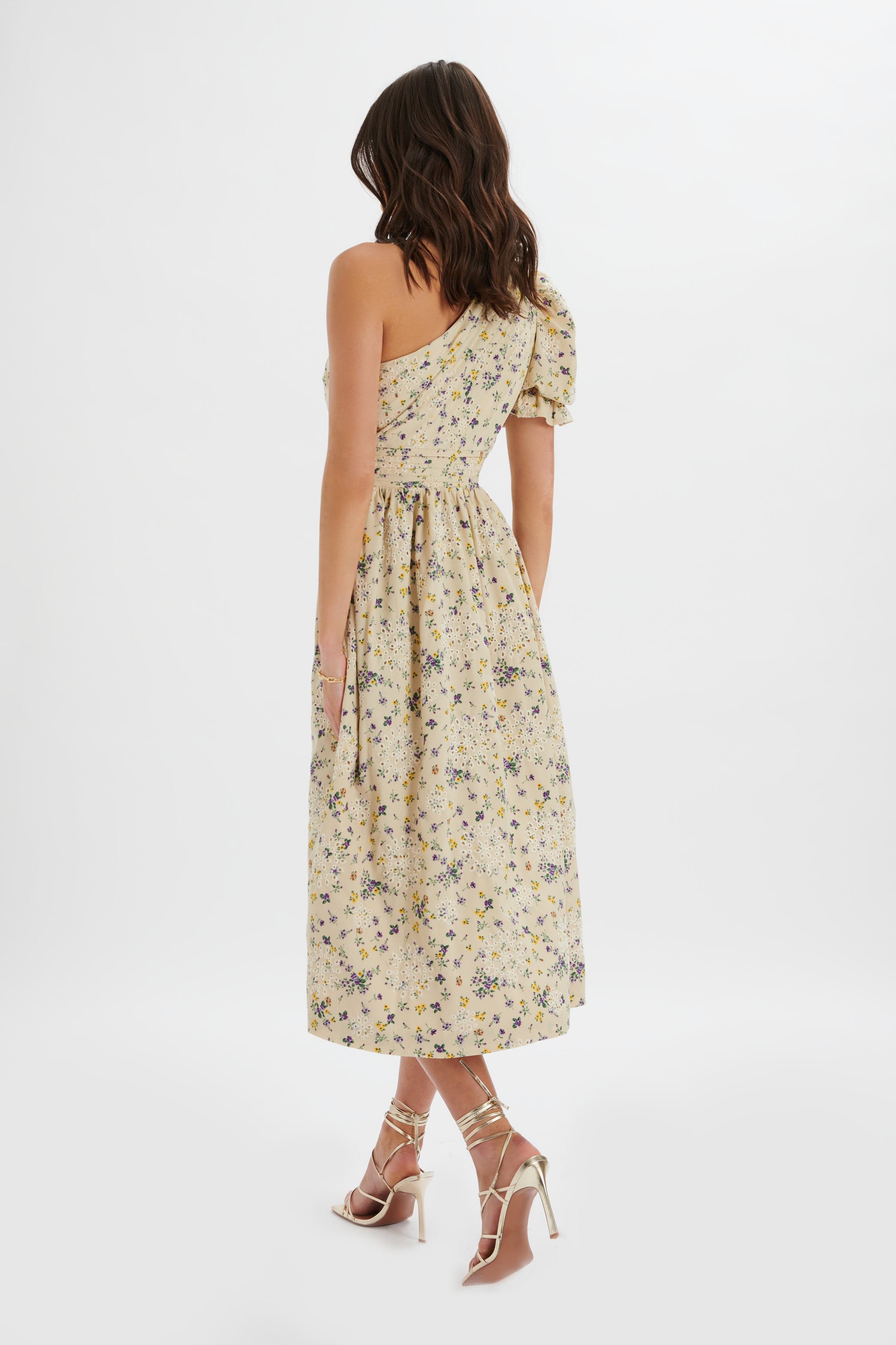 POLLY One Shoulder Puff Sleeve Midi Dress in Floral Broidery