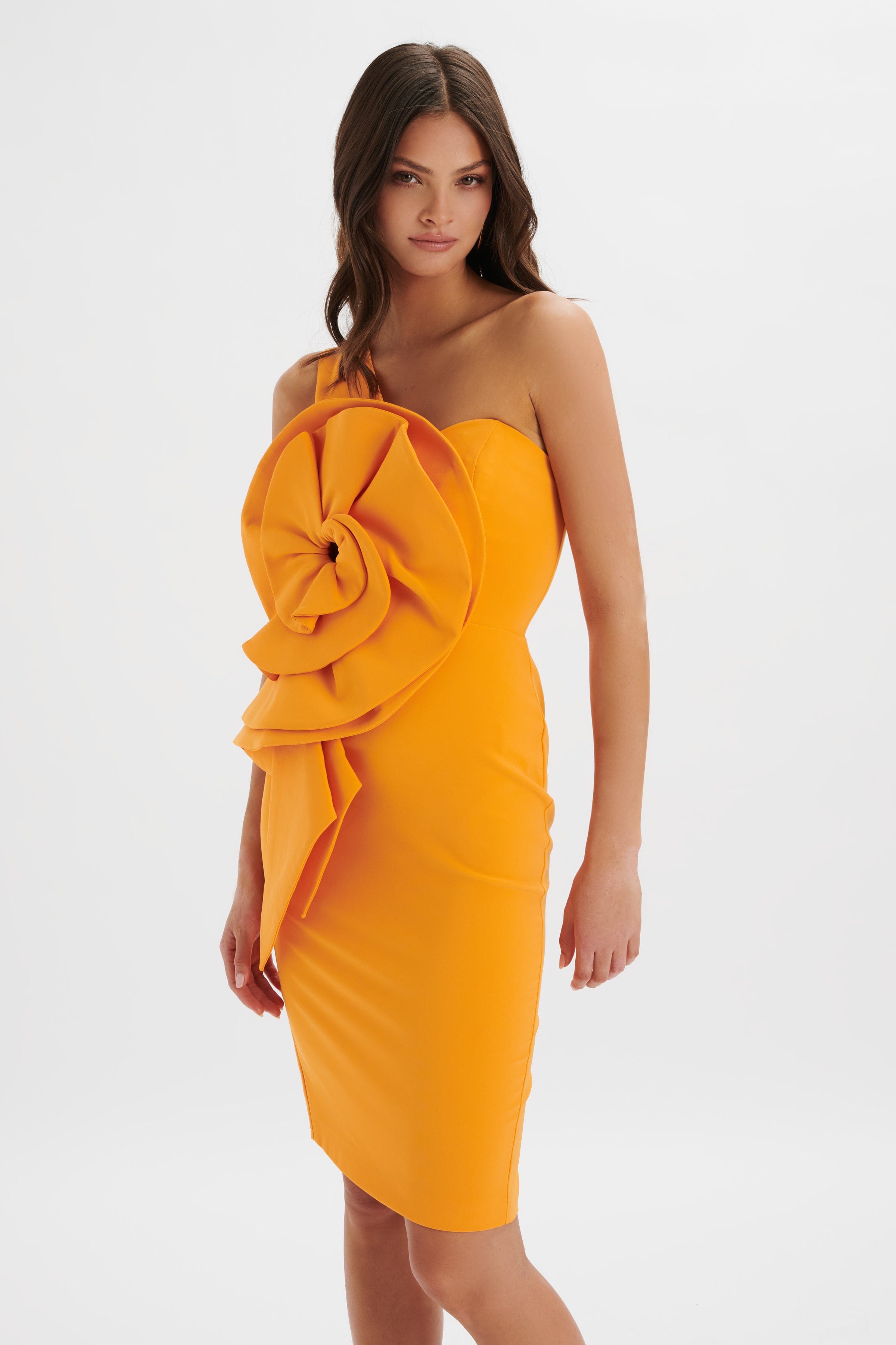 NOLA 3D Statement Ruffle Midi Dress In Papaya