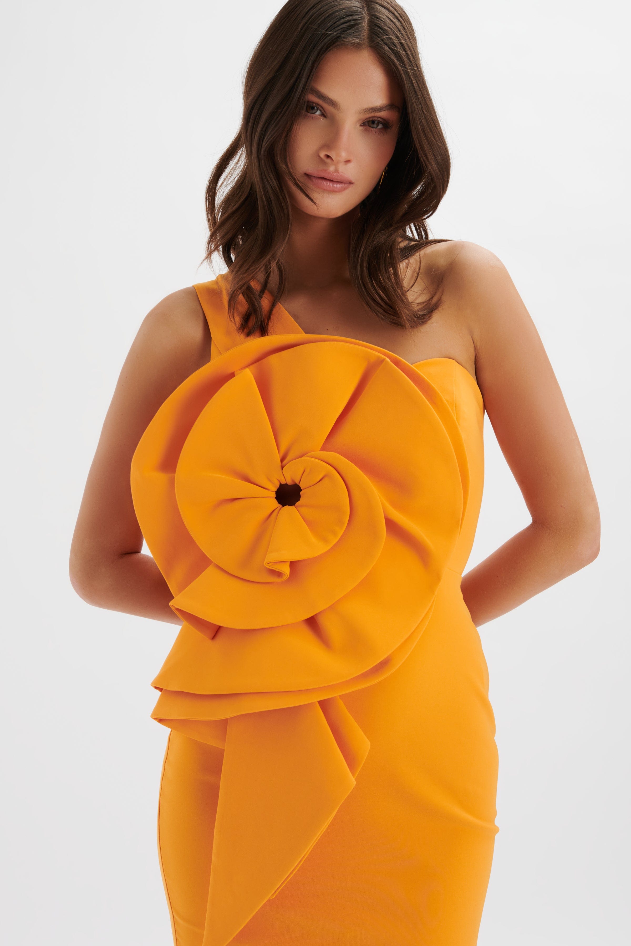 NOLA 3D Statement Ruffle Midi Dress In Papaya