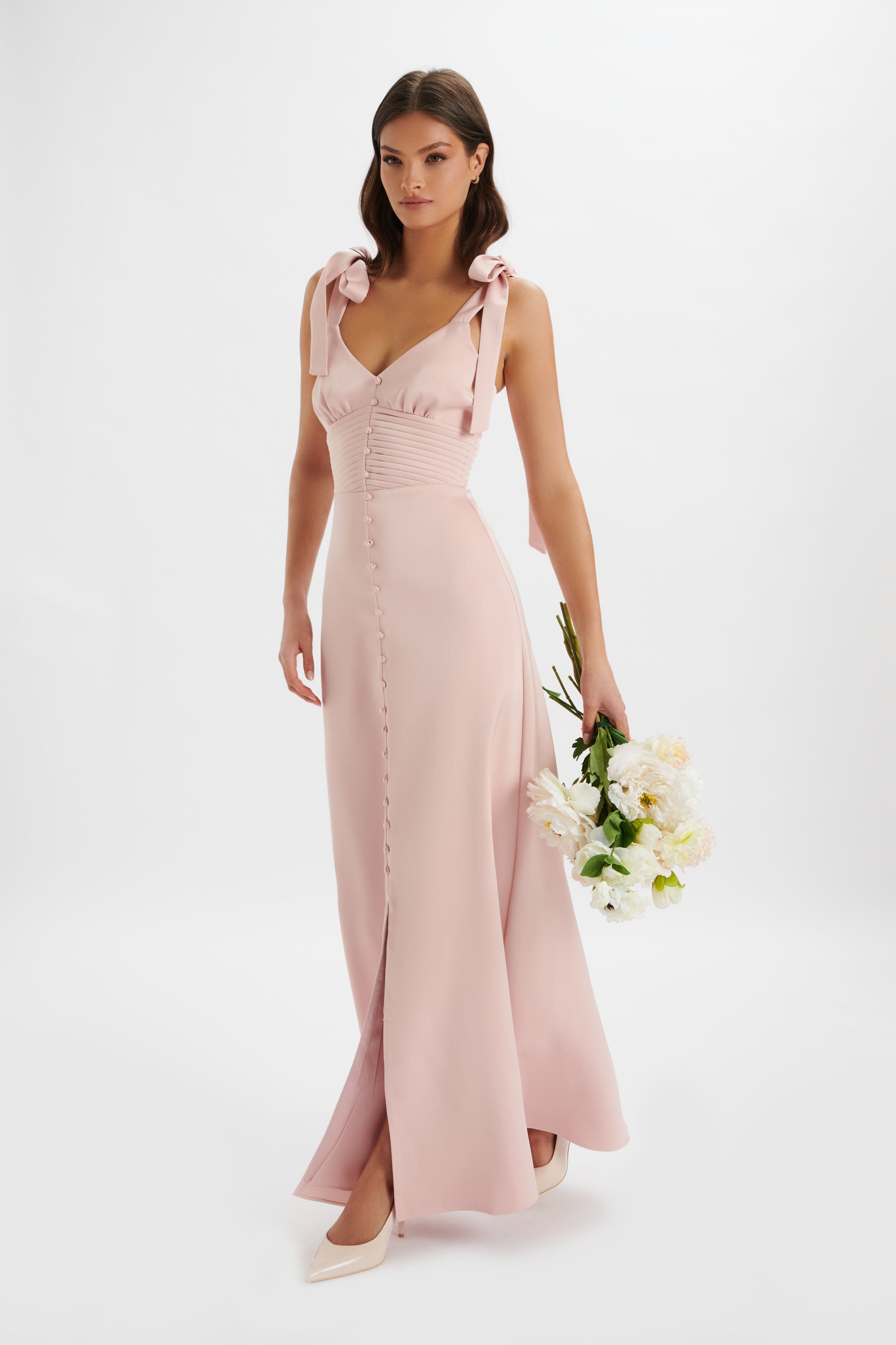 REVE Satin Tie Shoulder Maxi Dress in Pink