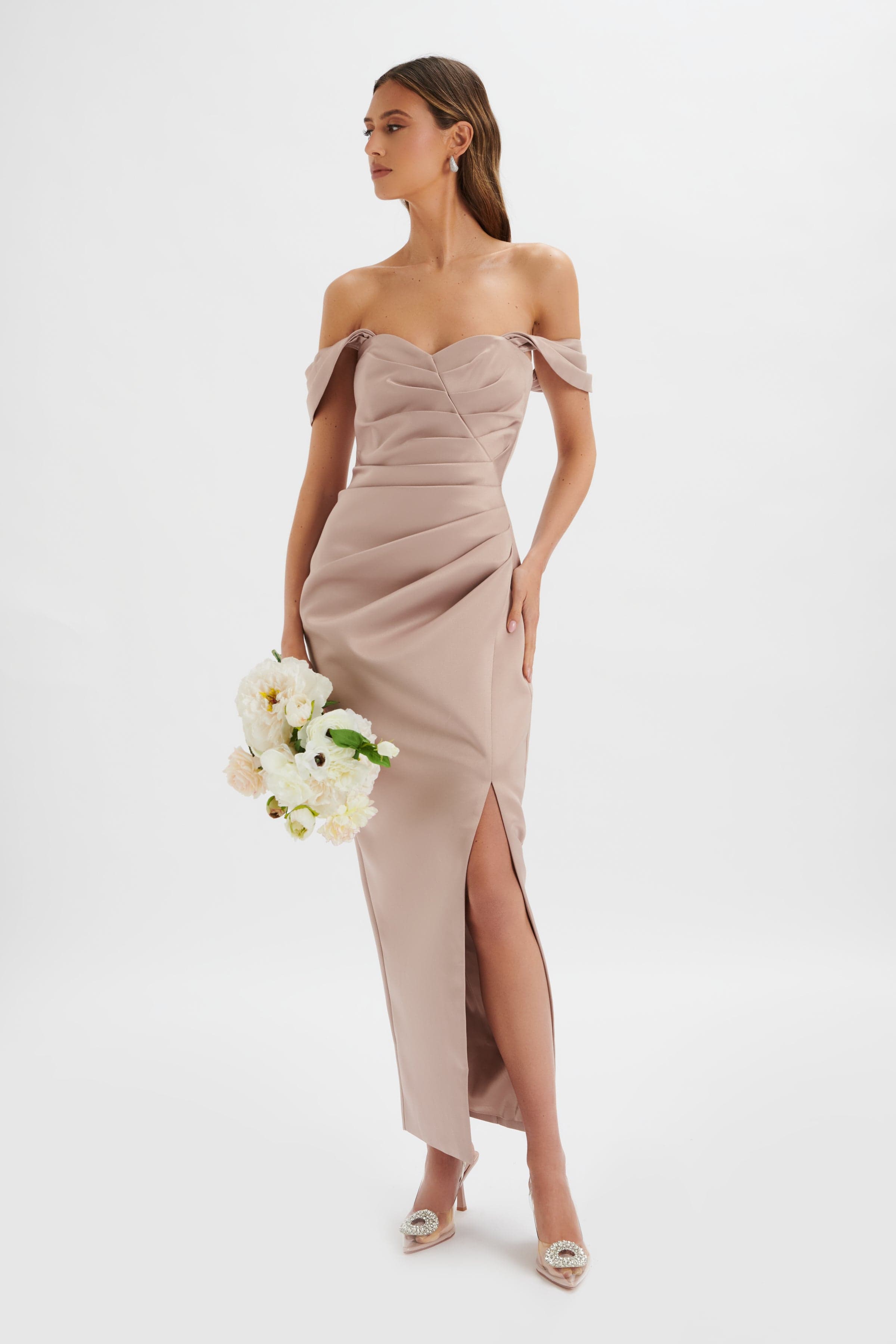 KAITLIN Bonded Satin Off Shoulder Maxi Dress In Mink