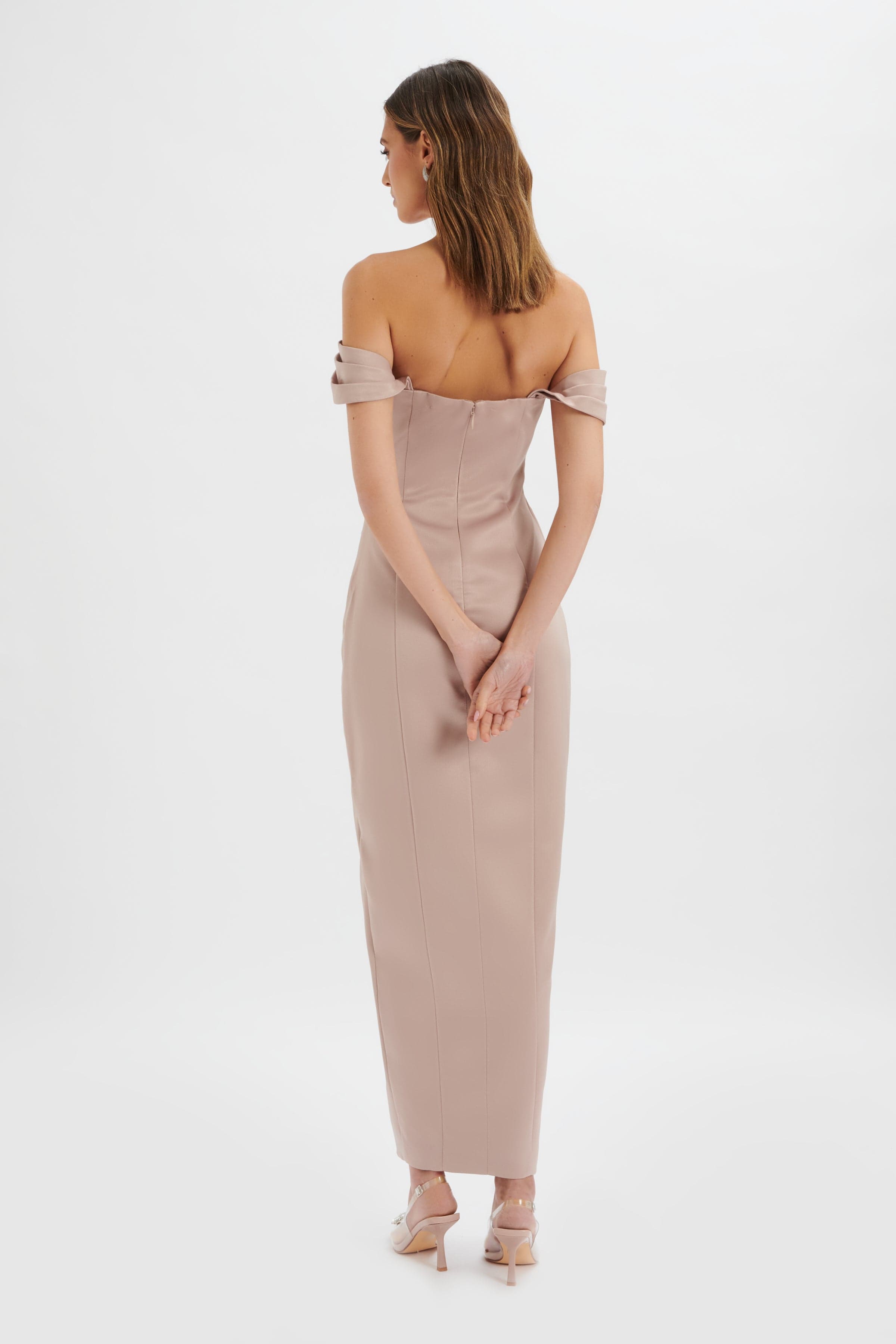 KAITLIN Bonded Satin Off Shoulder Maxi Dress In Mink