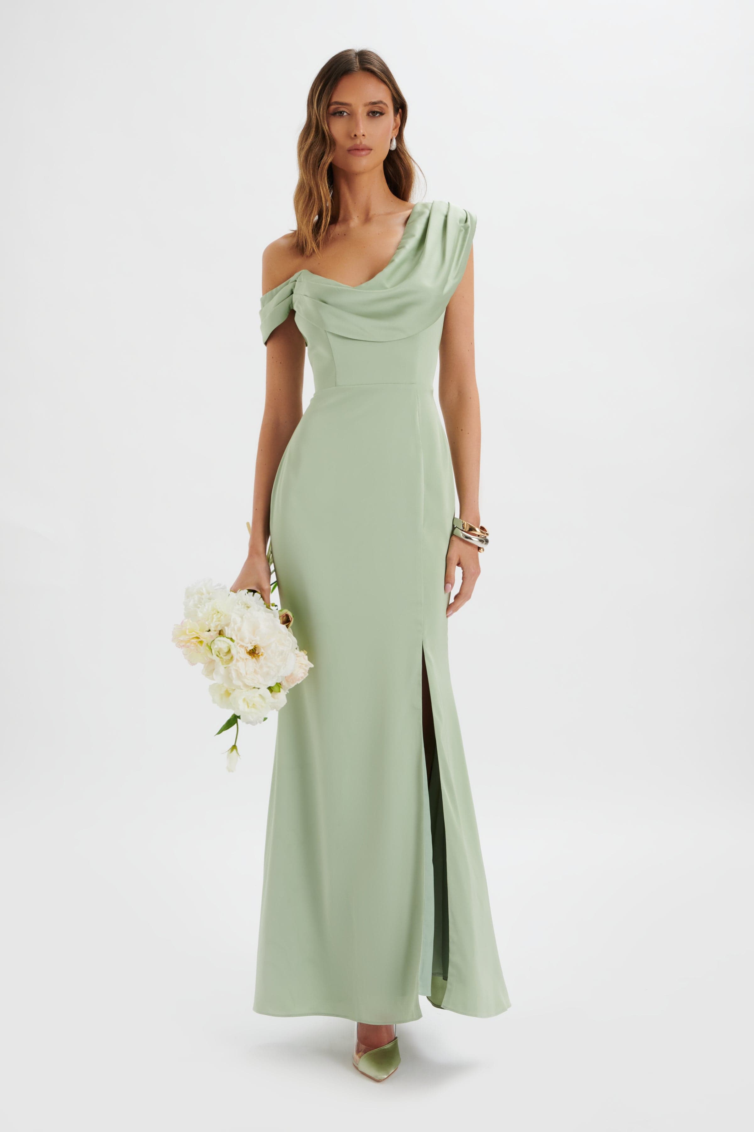 ANNABELLA Satin Asymmetric Drape Maxi Dress In Sage Green