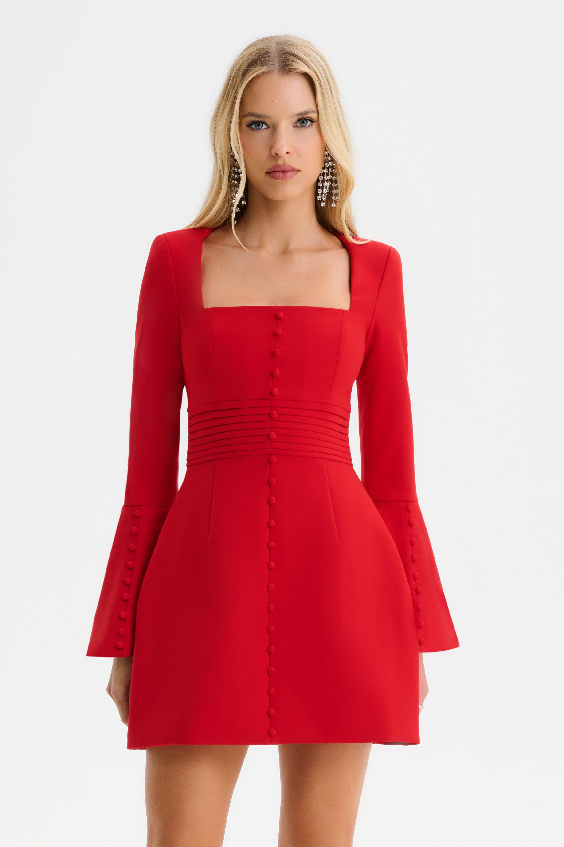 ROMY Square Neck Fluted Sleeve Mini Dress in Red
