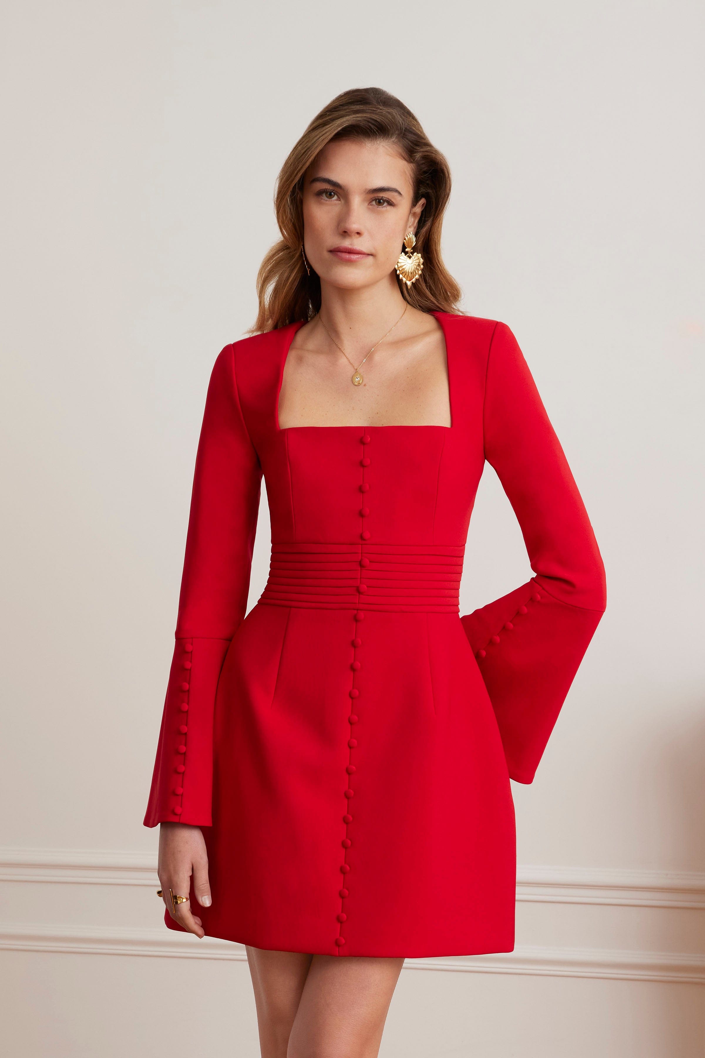 ROMY Square Neck Fluted Sleeve Mini Dress in Red