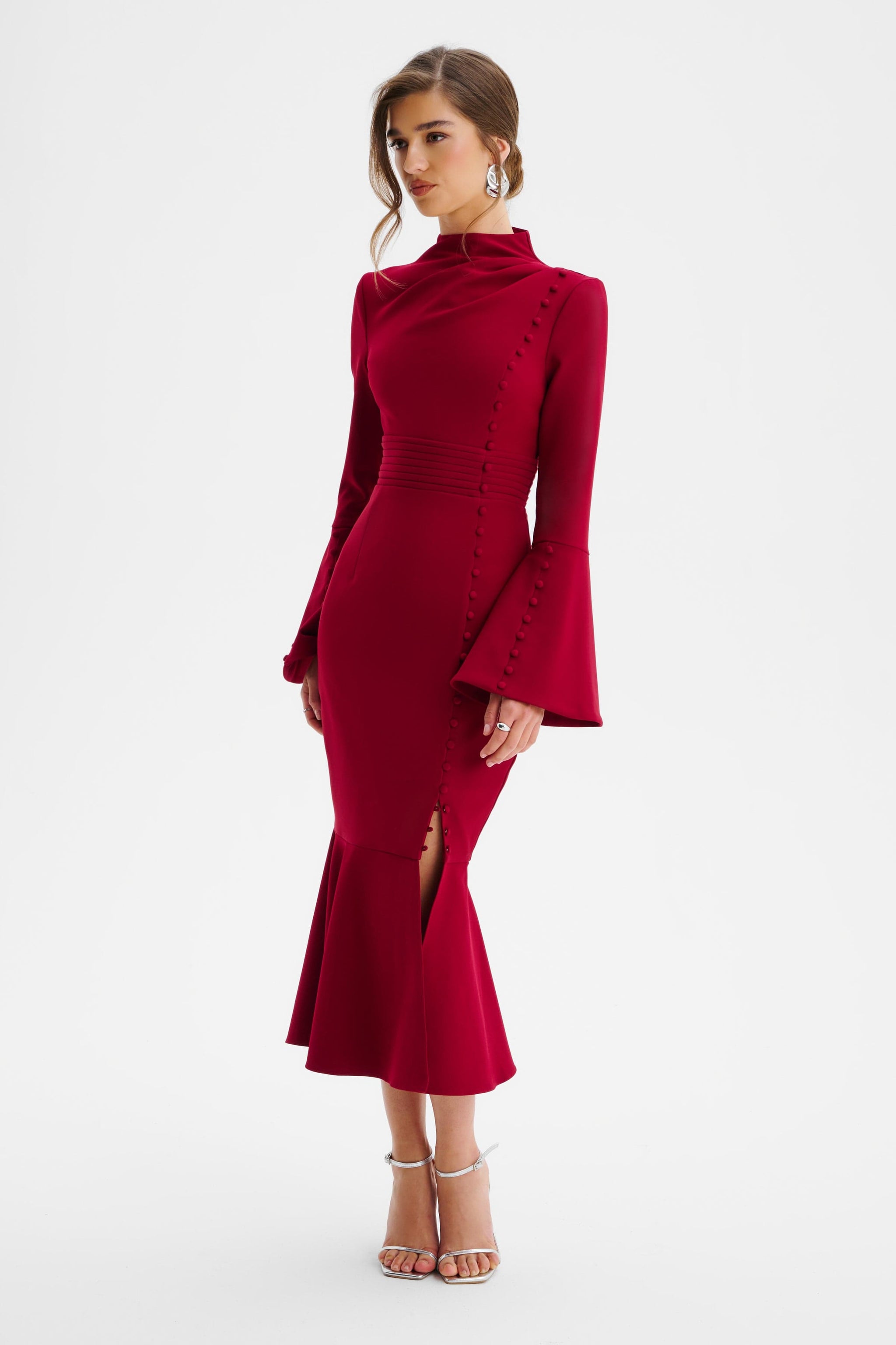 maroon long sleeve dress with a turtleneck ribboned collar AUBREY High Neck Fluted Sleeve Micro Button Midi Dress in Burgundy