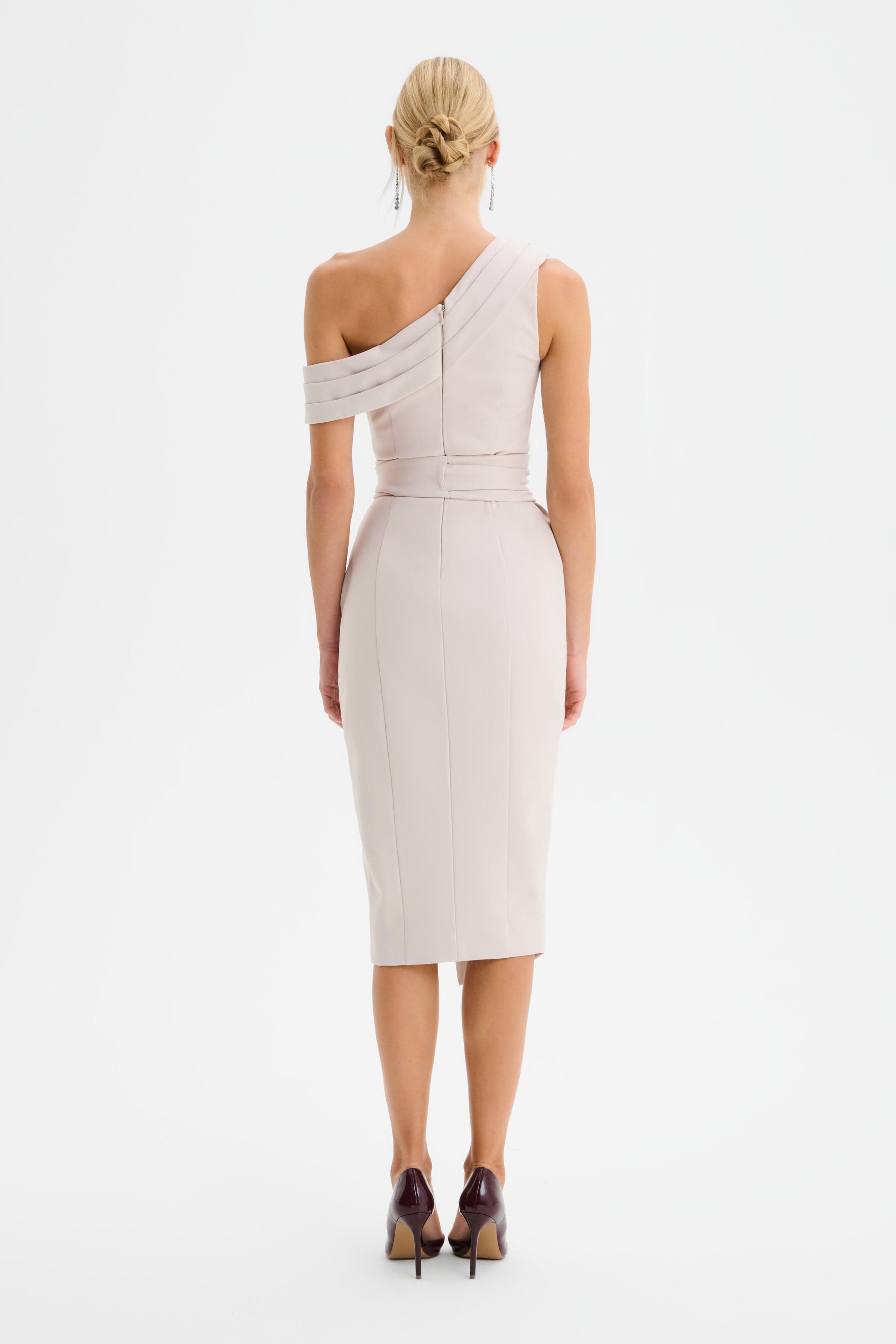 JESSICA Off Shoulder Pleated Obi Belted Midi Dress in Champagne
