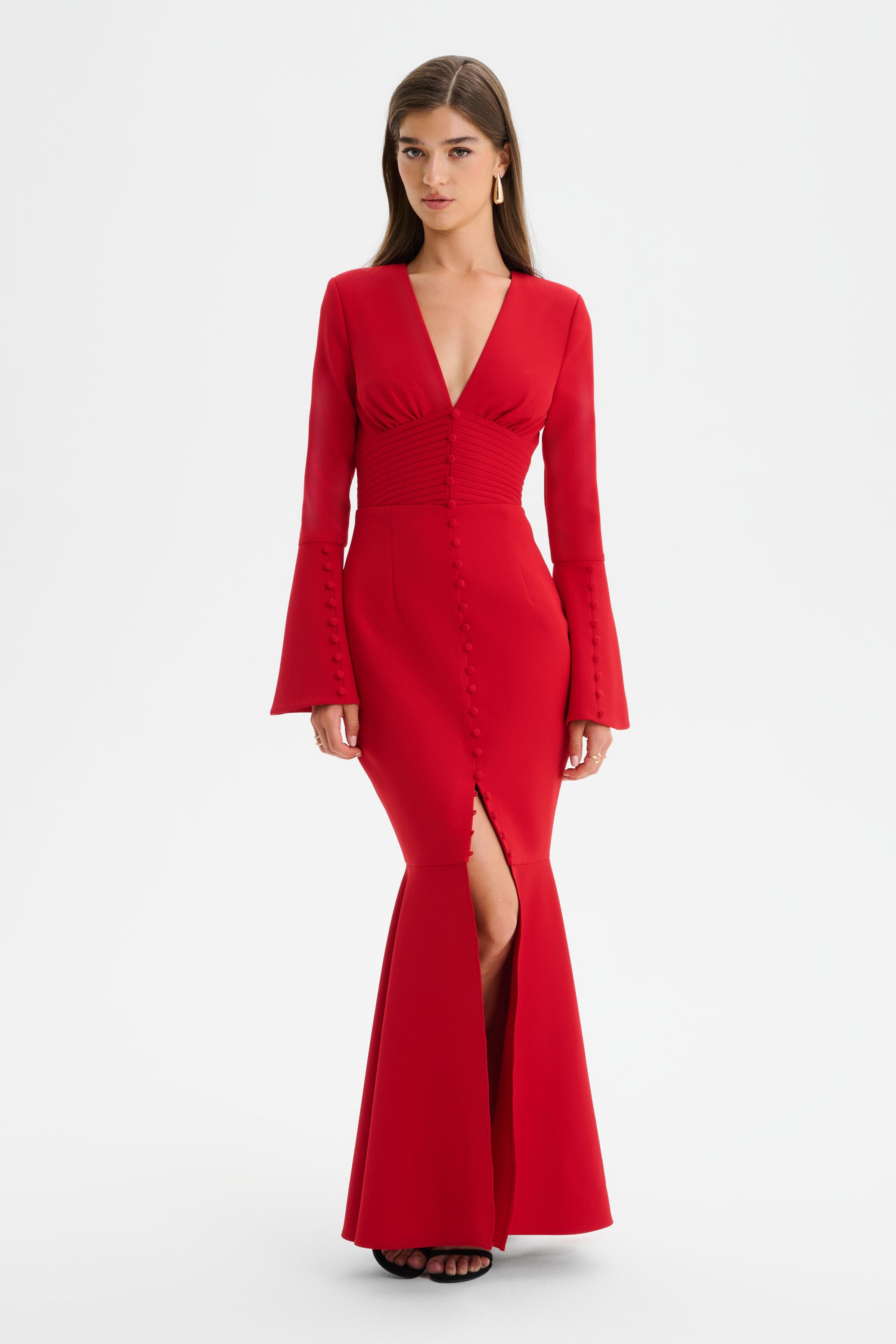JOSIE Fluted Sleeve Fishtail Maxi Dress in Red
