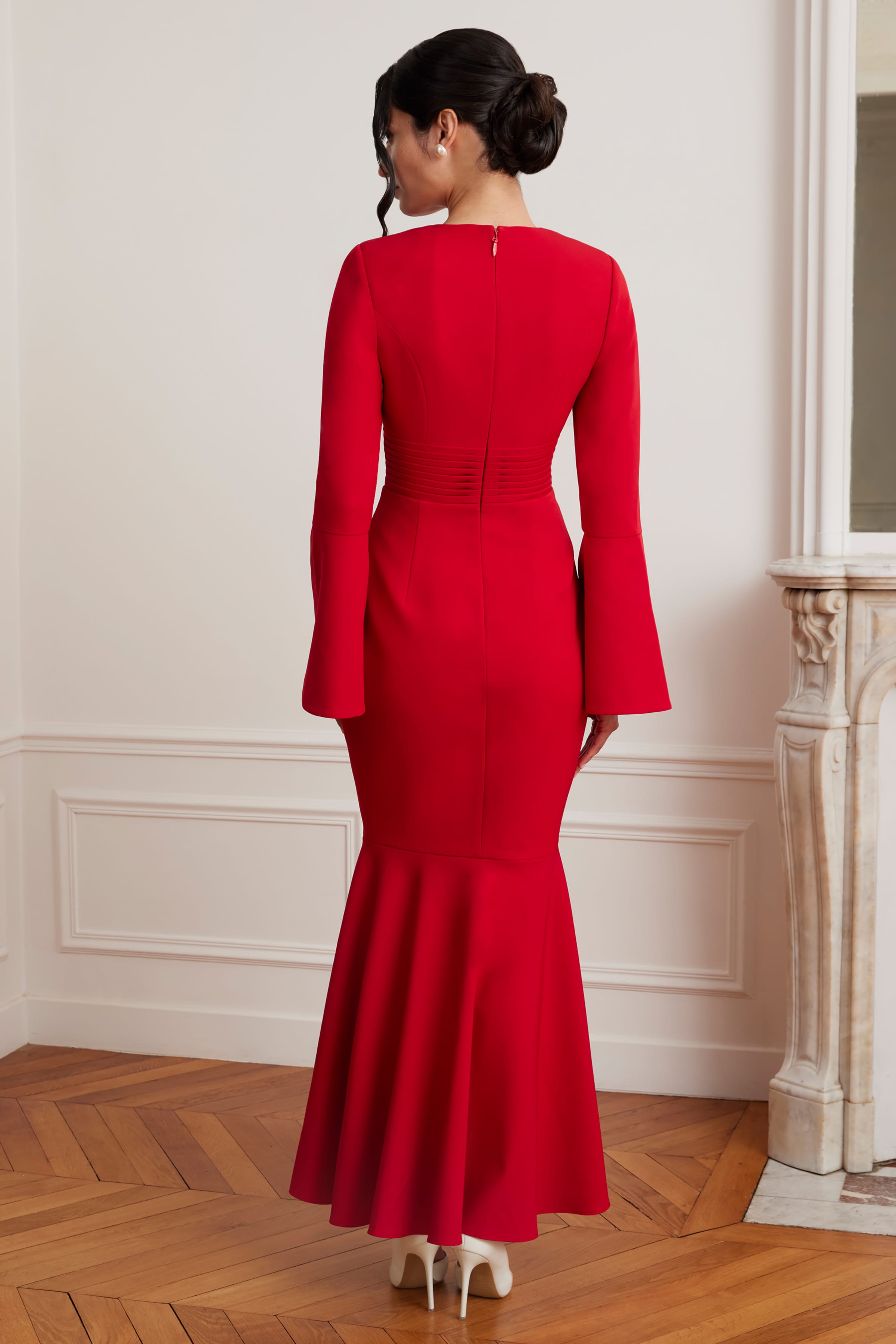 JOSIE Fluted Sleeve Fishtail Maxi Dress in Red