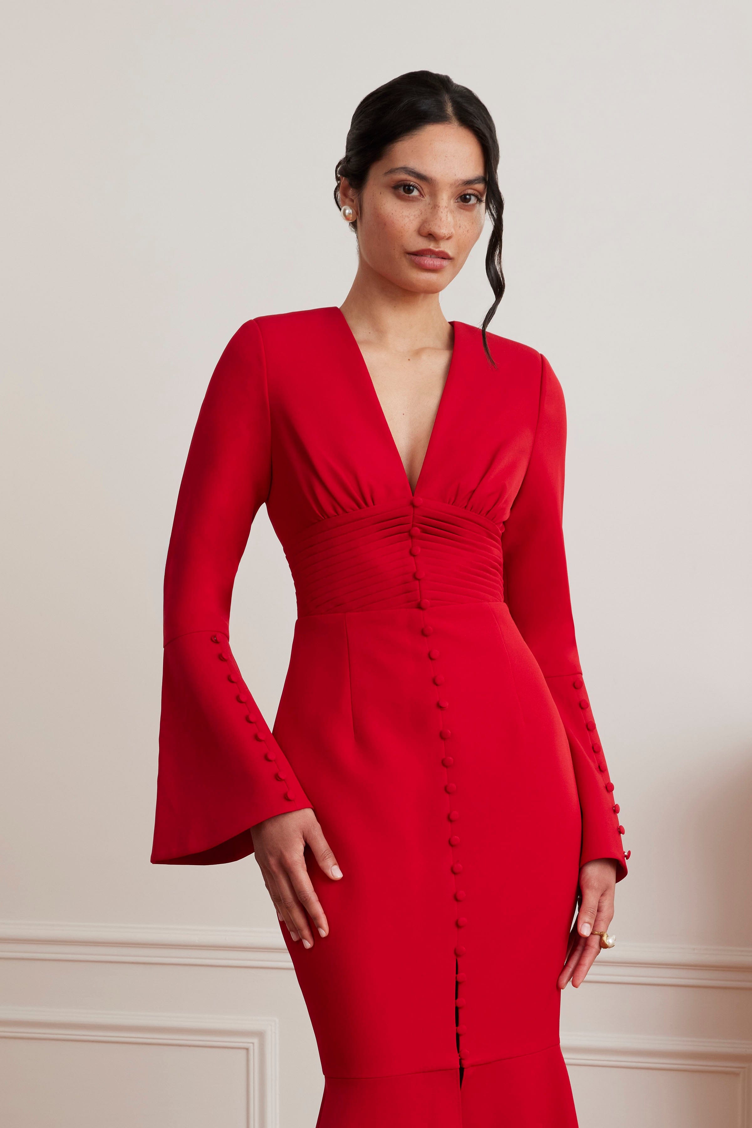 JOSIE Fluted Sleeve Fishtail Maxi Dress in Red