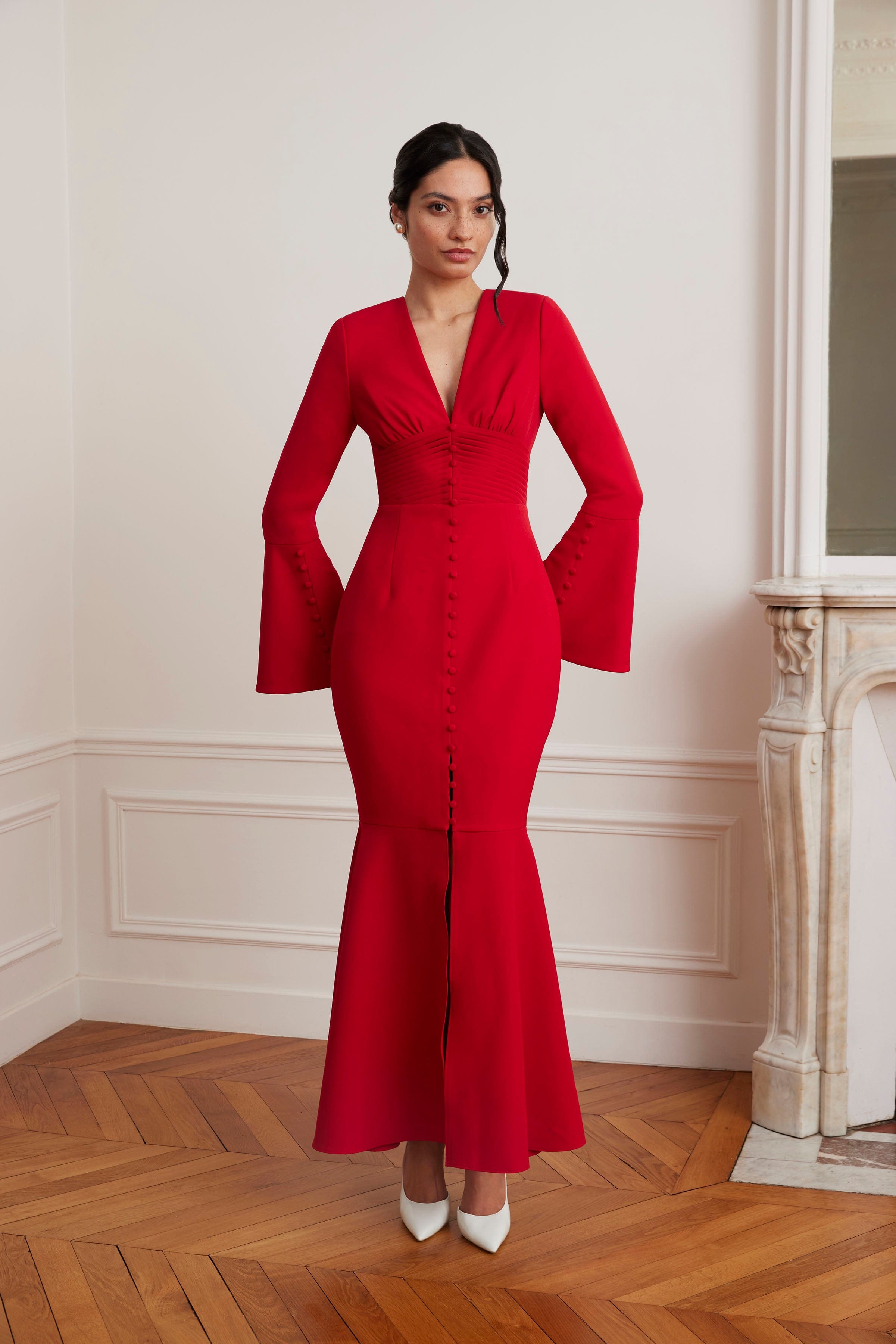 JOSIE Fluted Sleeve Fishtail Maxi Dress in Red